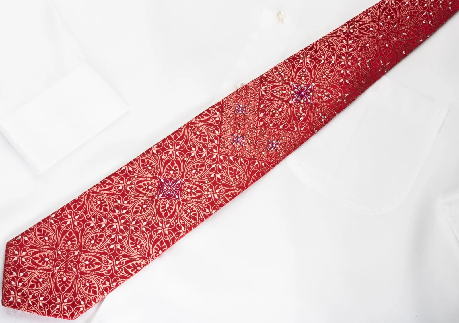 Aquascutum Men's Rhinestone Silk Necktie Anthemion On Red With Silver Sparkles