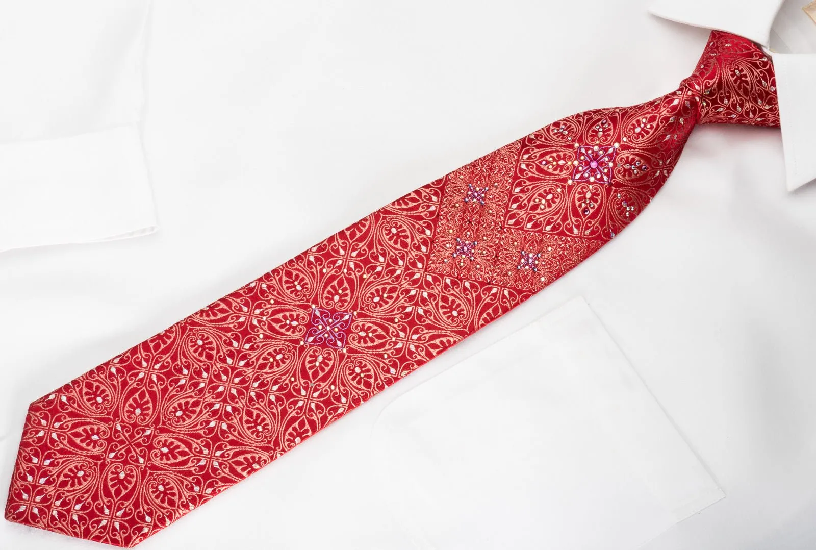 Aquascutum Men's Rhinestone Silk Necktie Anthemion On Red With Silver Sparkles