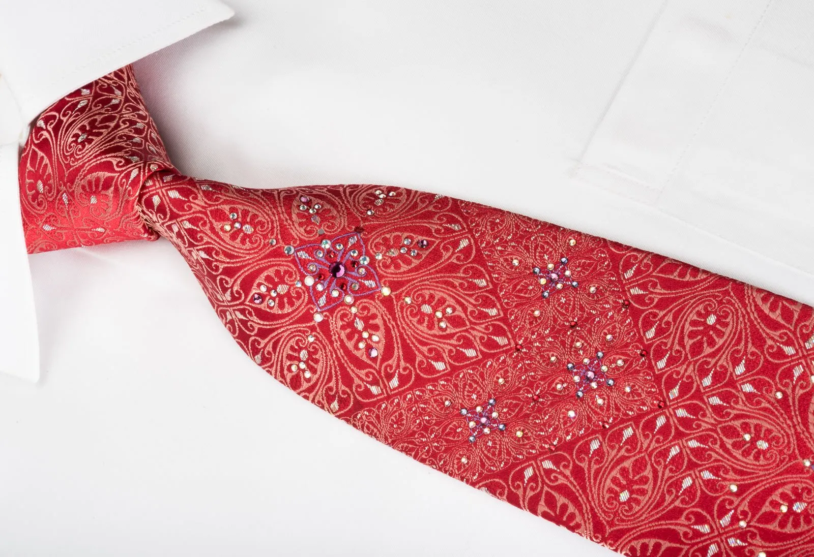 Aquascutum Men's Rhinestone Silk Necktie Anthemion On Red With Silver Sparkles