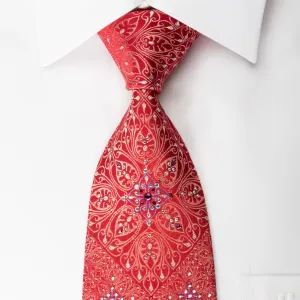 Aquascutum Men's Rhinestone Silk Necktie Anthemion On Red With Silver Sparkles