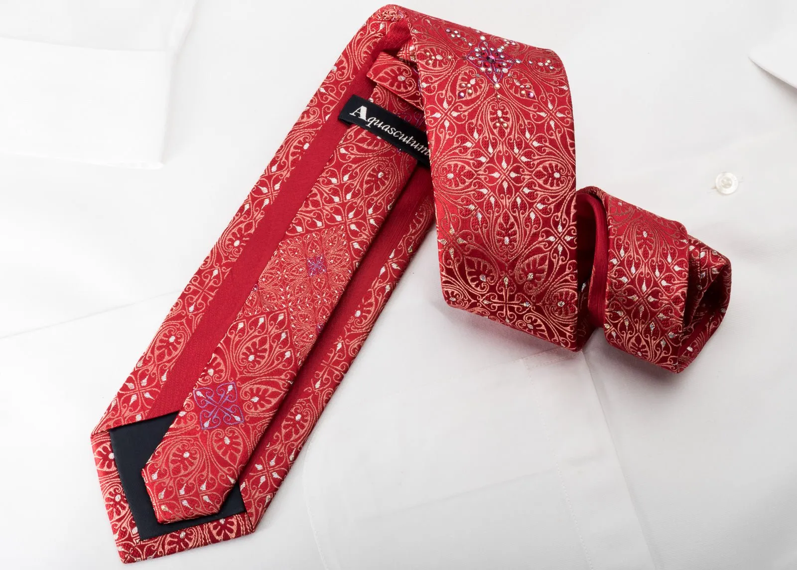 Aquascutum Men's Rhinestone Silk Necktie Anthemion On Red With Silver Sparkles