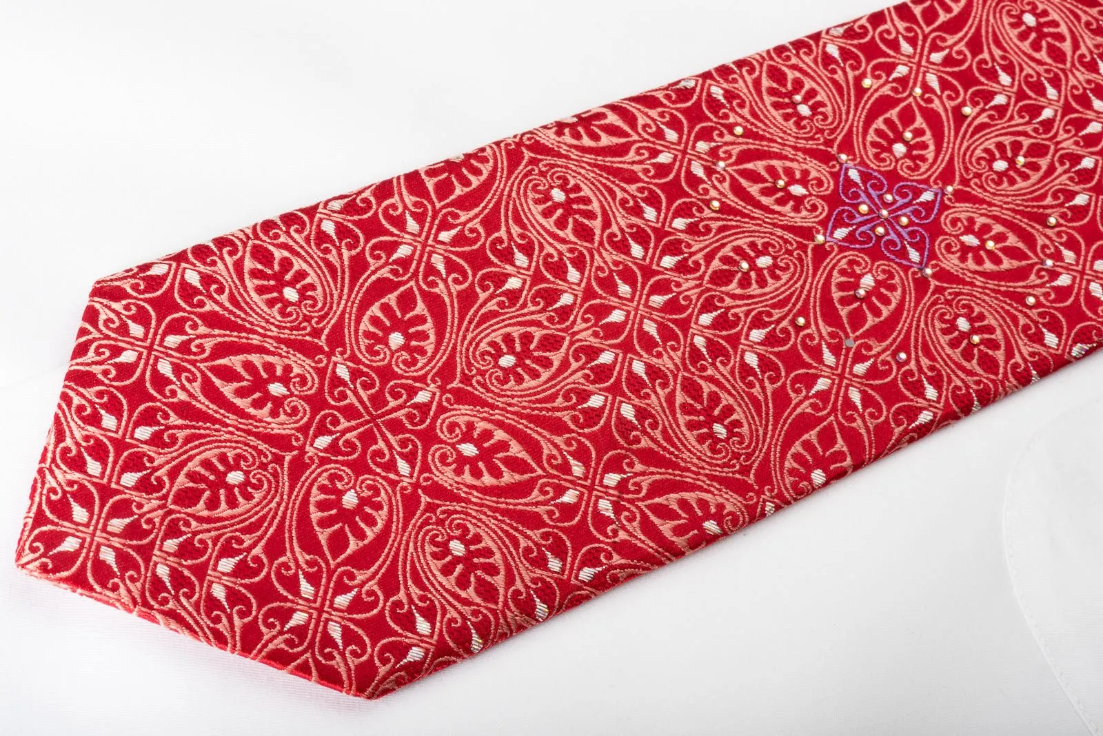 Aquascutum Men's Rhinestone Silk Necktie Anthemion On Red With Silver Sparkles