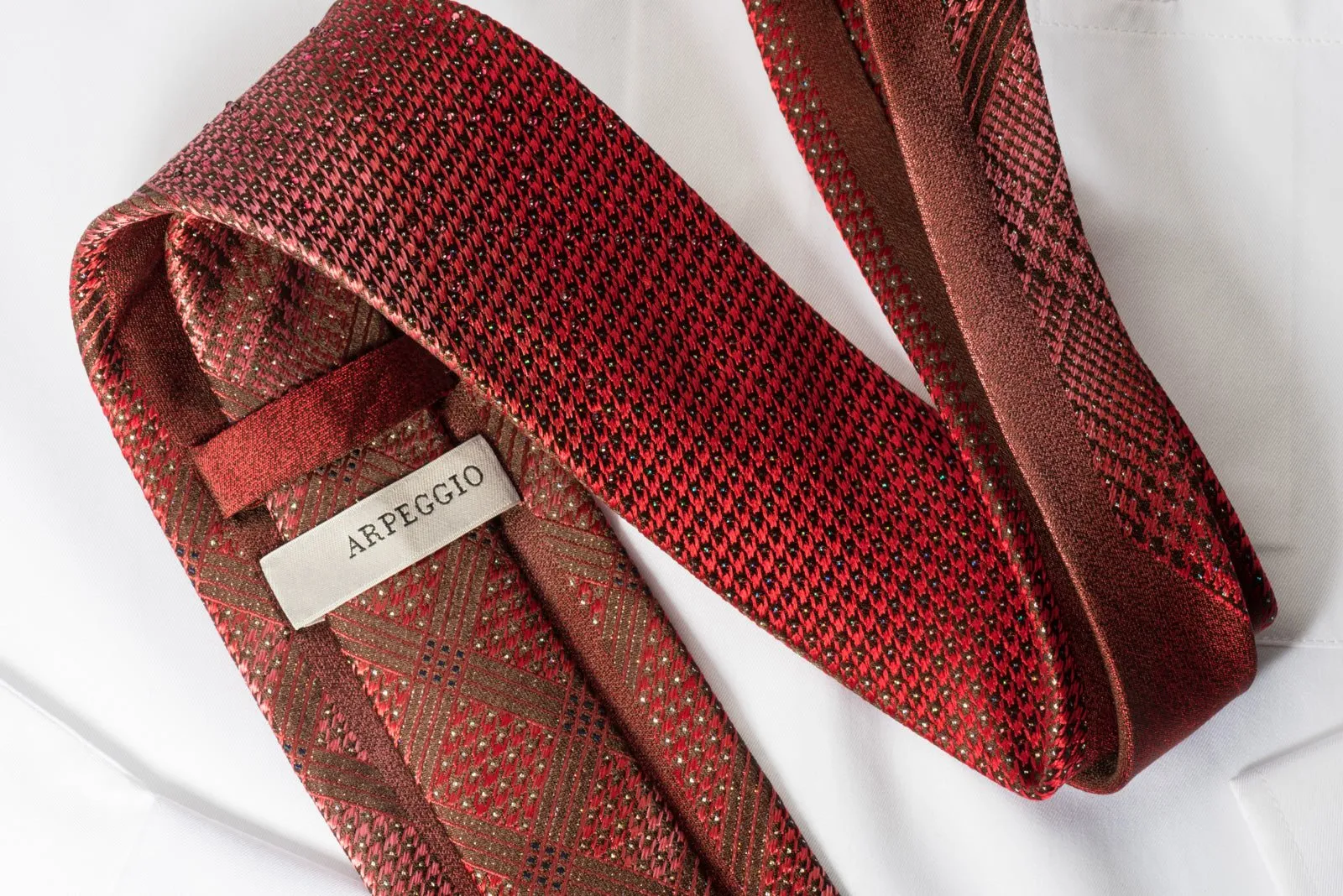 Arpeggio Silk Rhinestone Necktie Plaids On Burgundy With Silver Sparkles