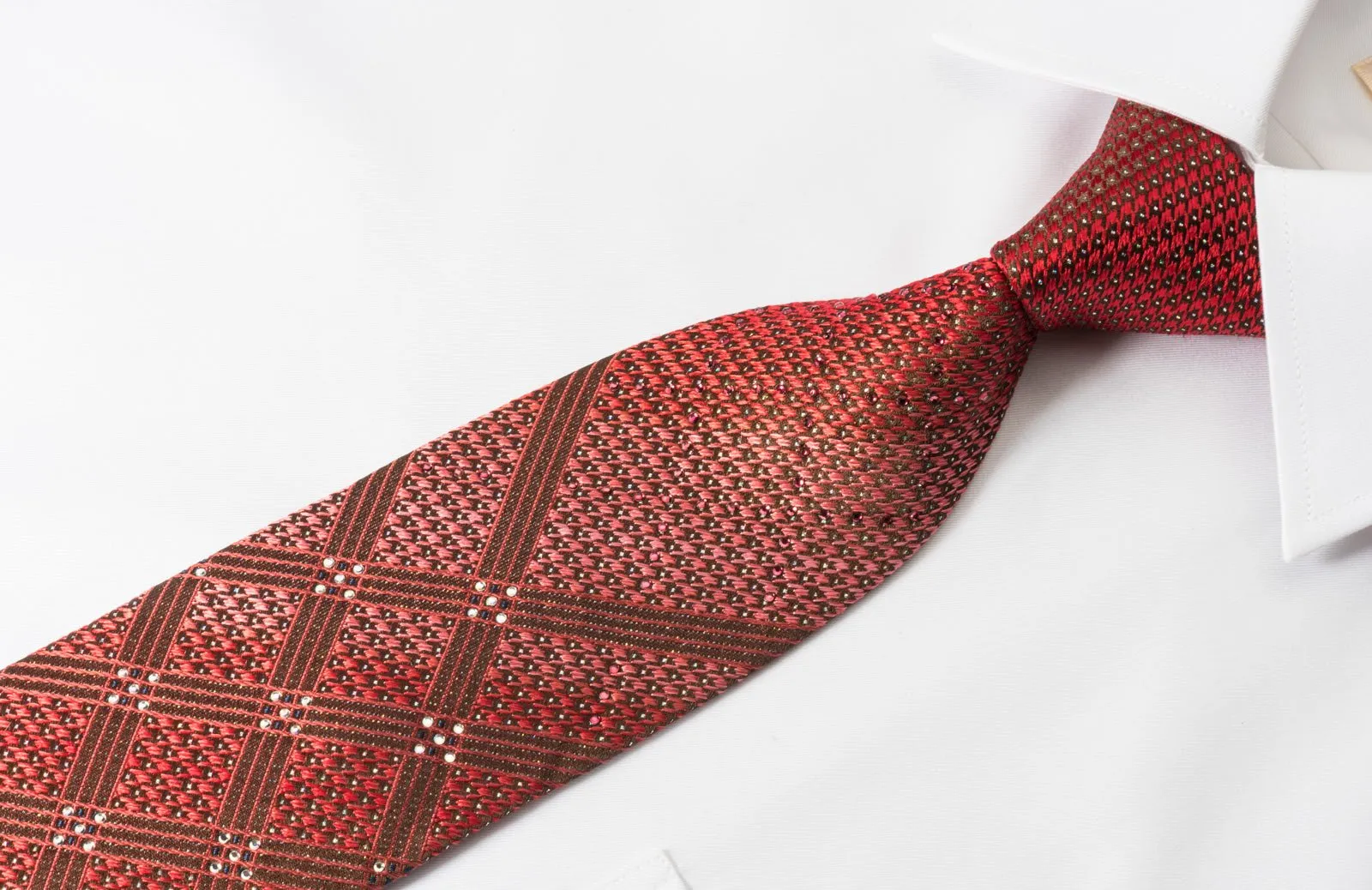 Arpeggio Silk Rhinestone Necktie Plaids On Burgundy With Silver Sparkles