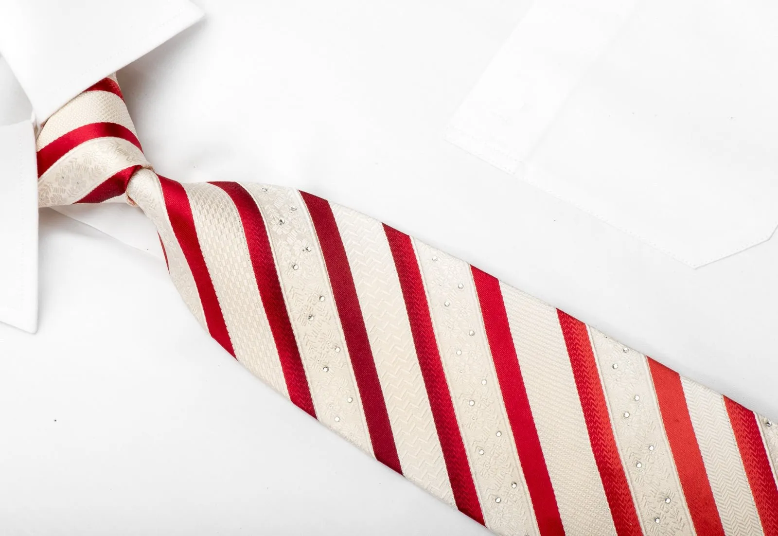 Arthur Dixon Men's Woven Silk Necktie Red Striped On Ivory White Sparkling With Crystal Rhinestones