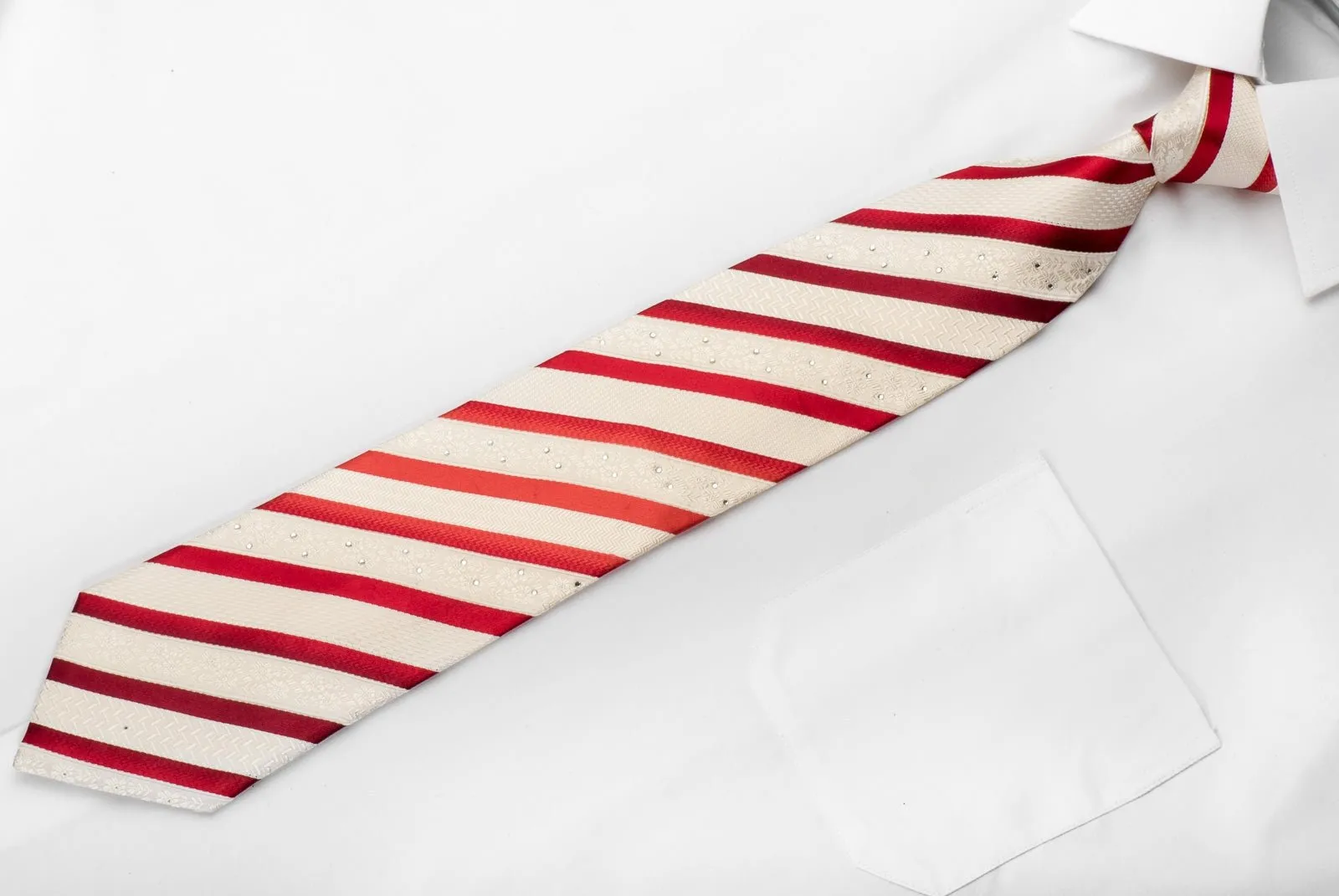 Arthur Dixon Men's Woven Silk Necktie Red Striped On Ivory White Sparkling With Crystal Rhinestones