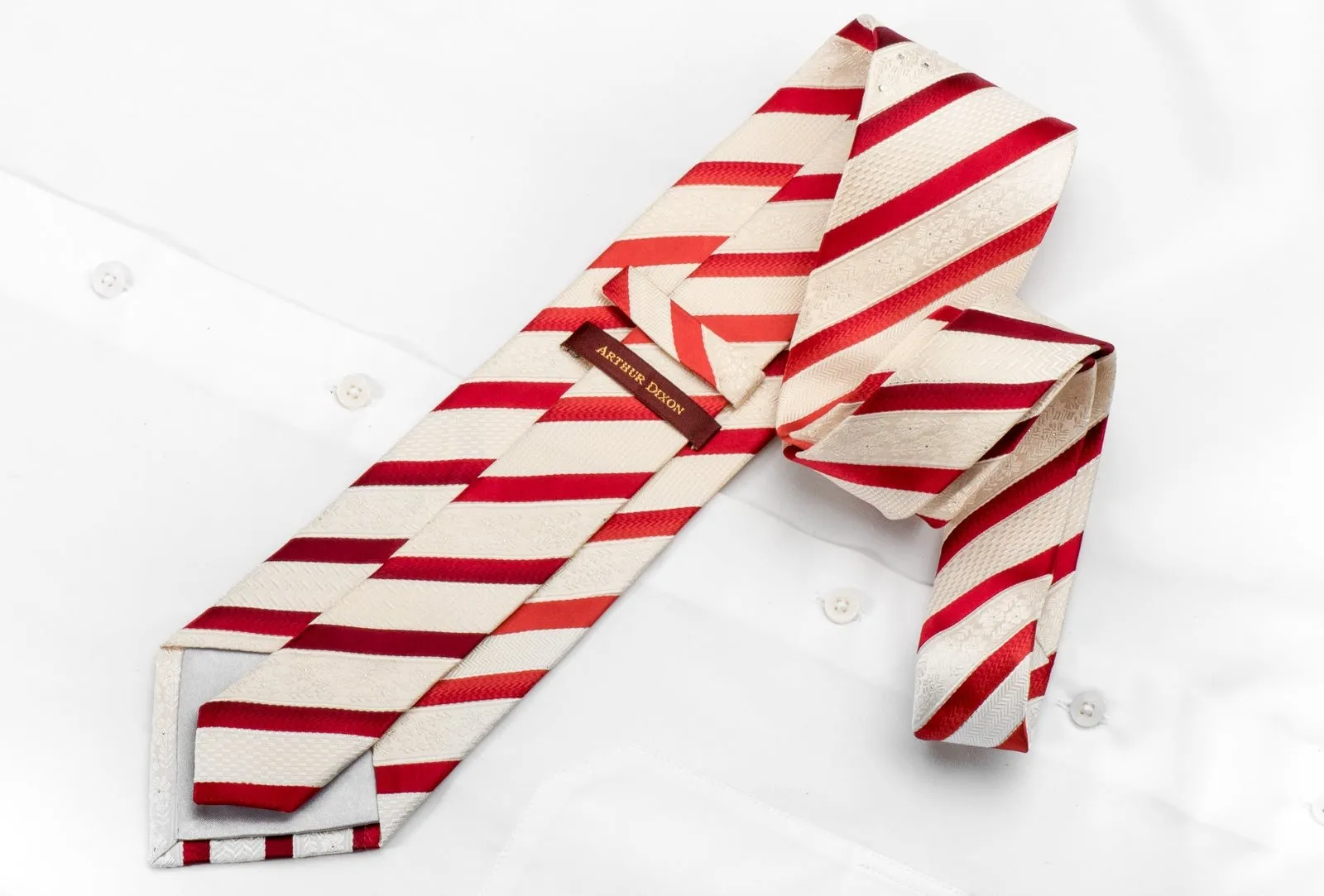 Arthur Dixon Men's Woven Silk Necktie Red Striped On Ivory White Sparkling With Crystal Rhinestones