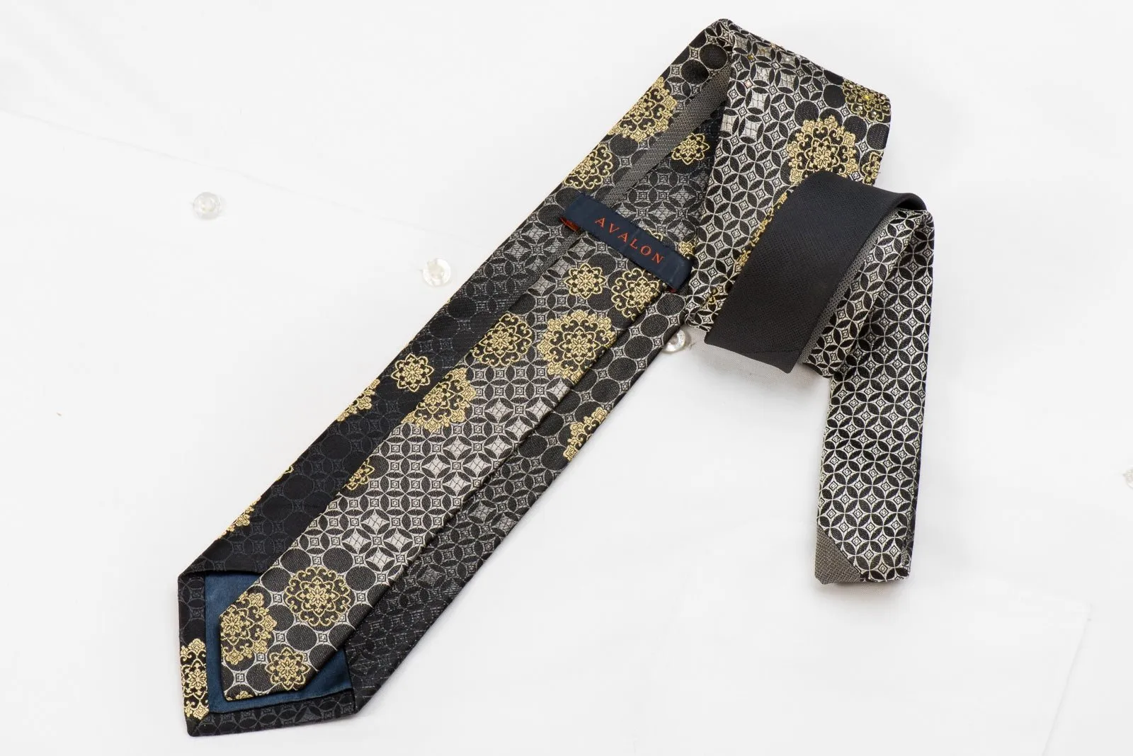 Avalon Men's Crystal Silk Necktie Gold Medallions Silver Geometric On Black With Gold Sparkles