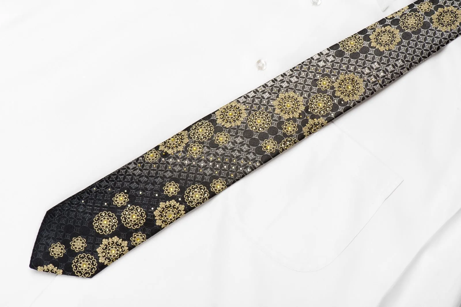 Avalon Men's Crystal Silk Necktie Gold Medallions Silver Geometric On Black With Gold Sparkles