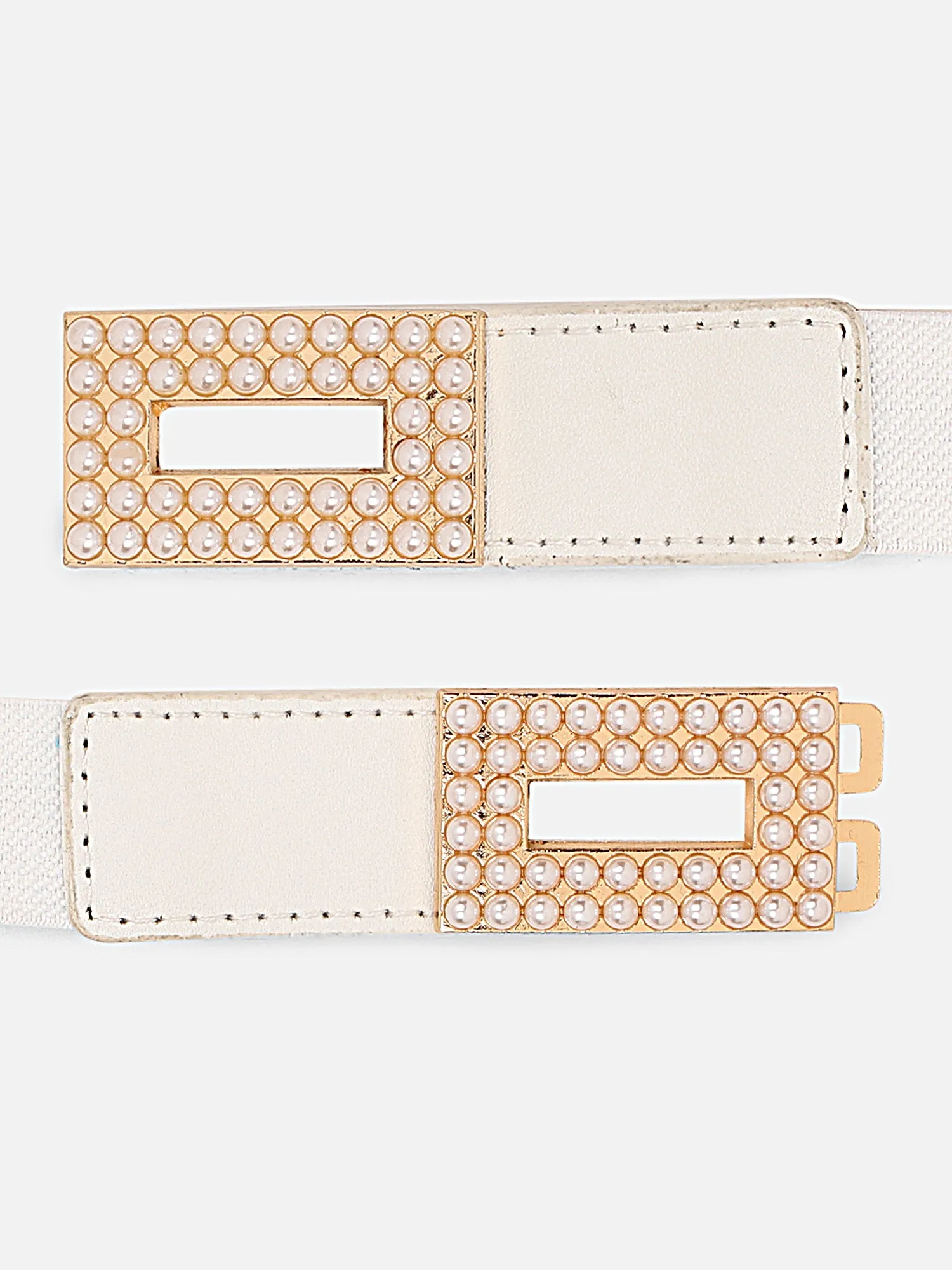 Berrylush Women Solid White Golden Embellished Pearl Studded PU Nylon Interlock Regular Slim Belt