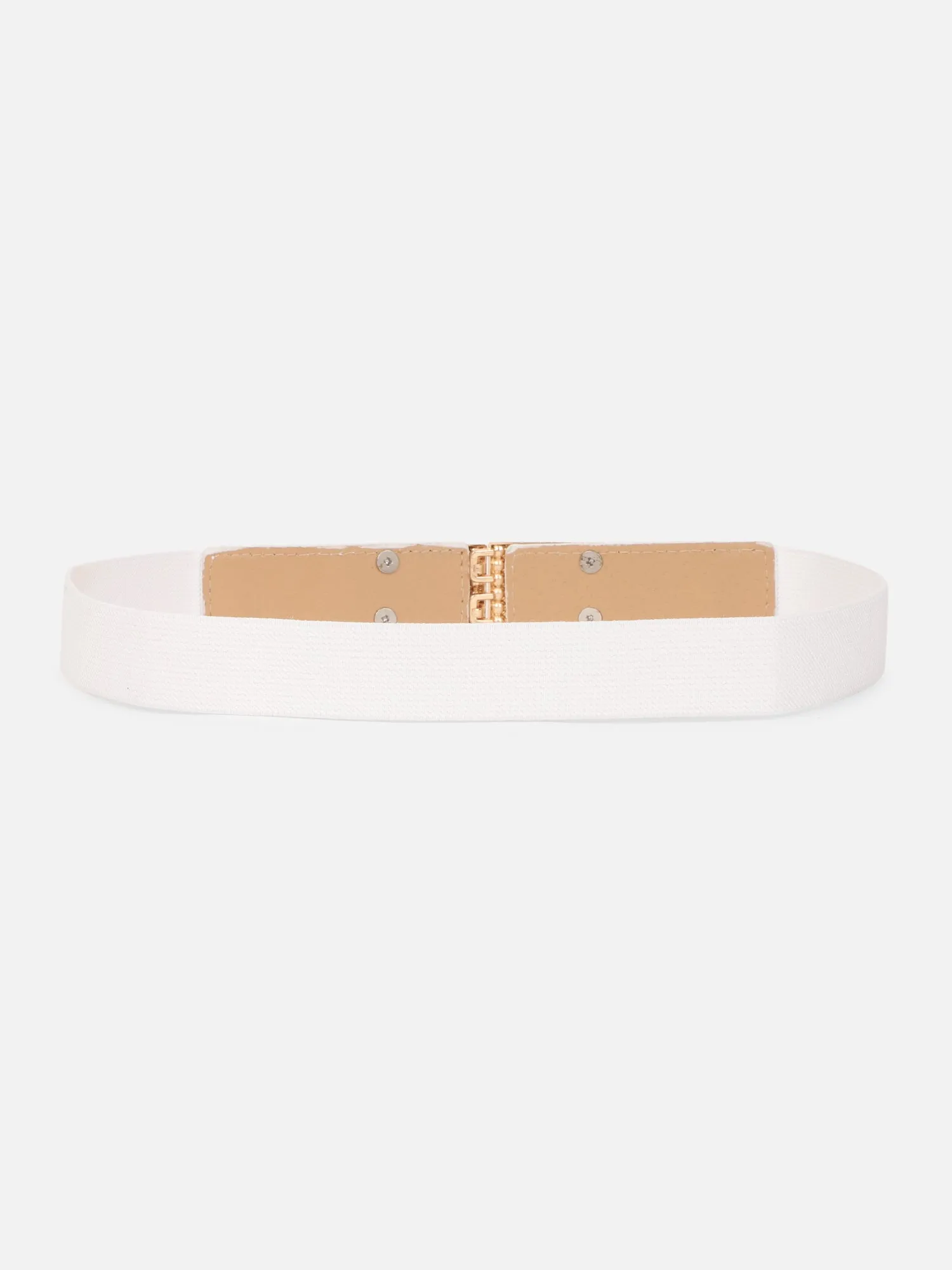 Berrylush Women Solid White Golden Embellished Pearl Studded PU Nylon Interlock Regular Slim Belt