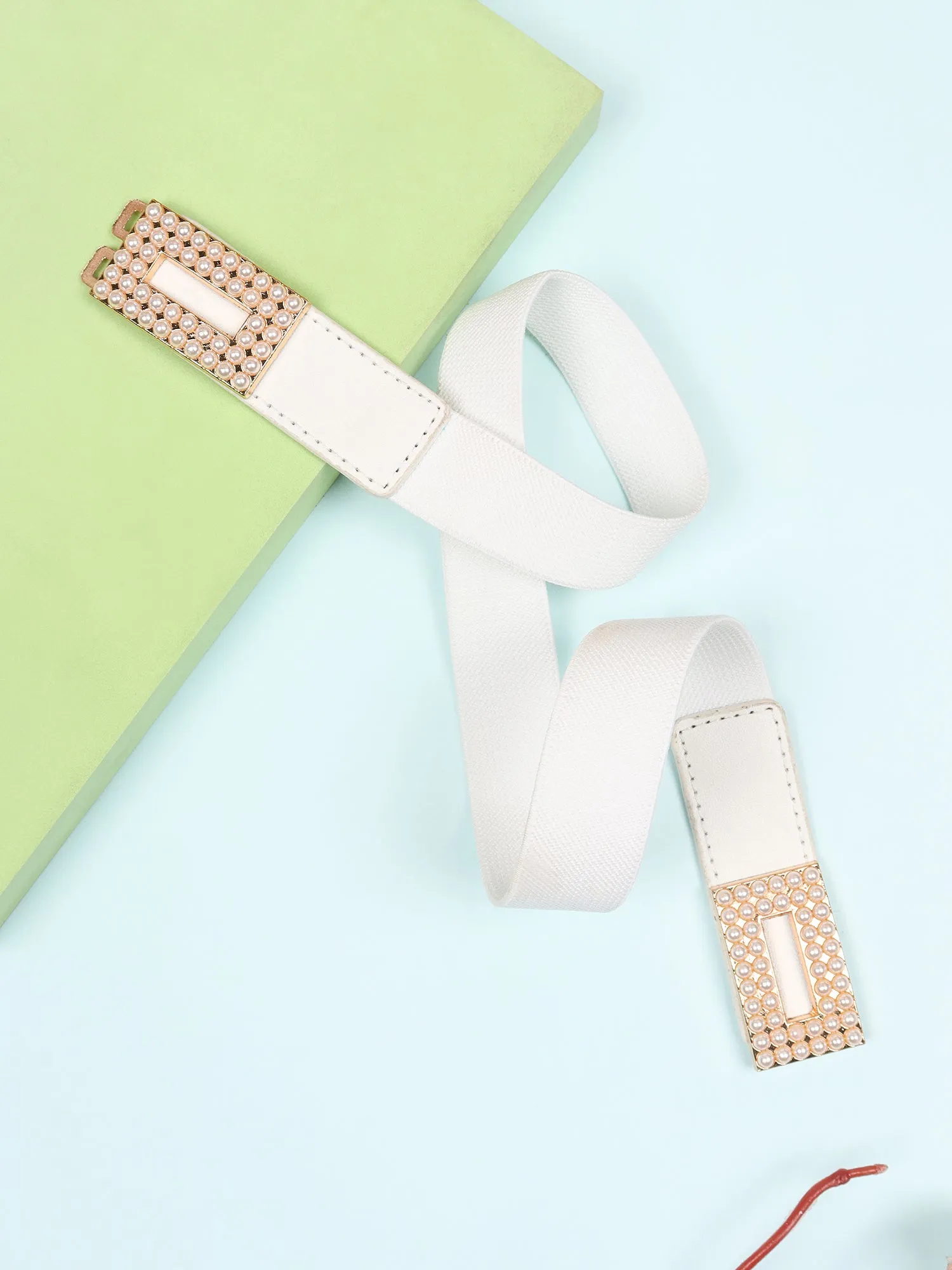 Berrylush Women Solid White Golden Embellished Pearl Studded PU Nylon Interlock Regular Slim Belt