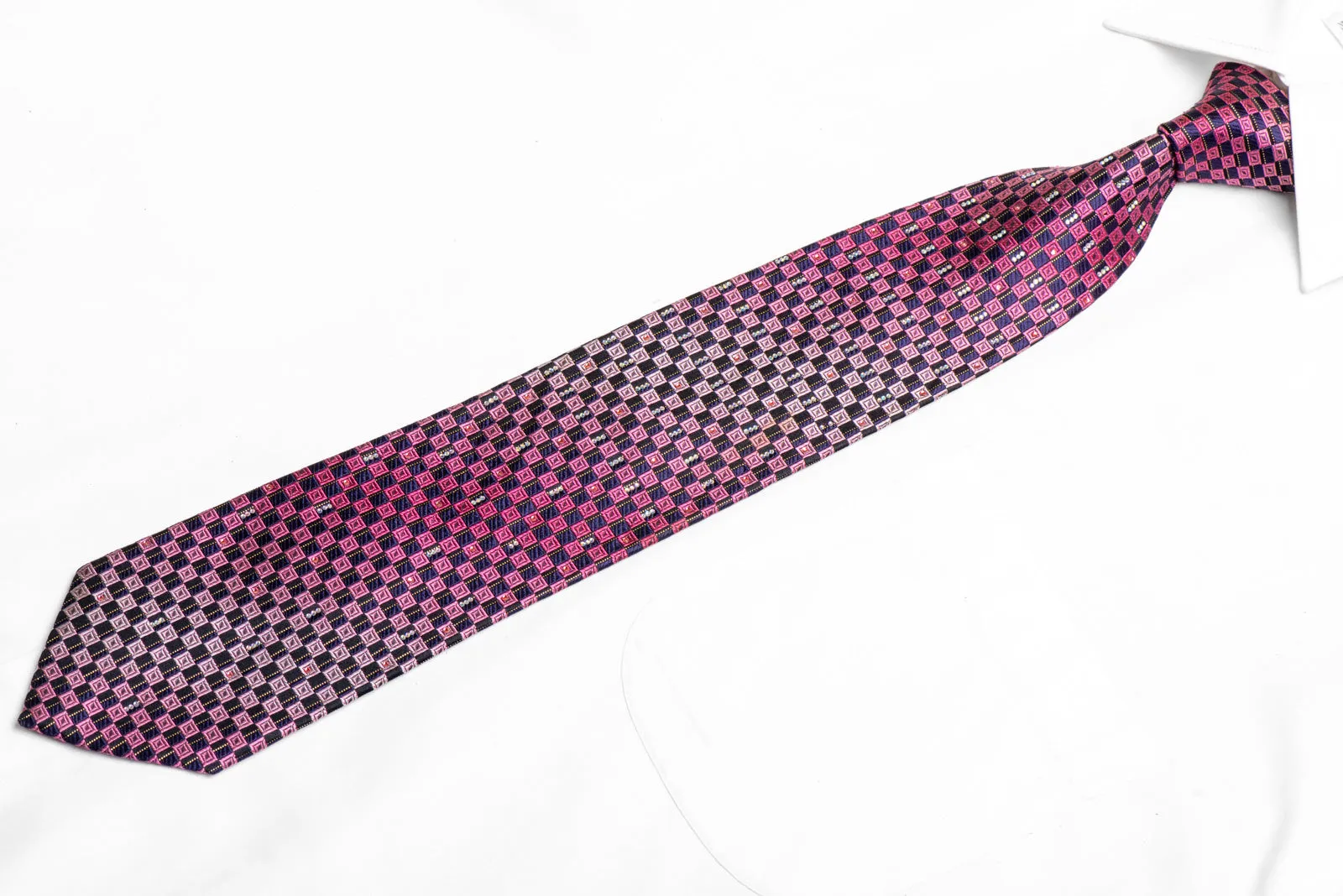 Black Purple Pink Checkered Rhinestone Tie With Gold Sparkles