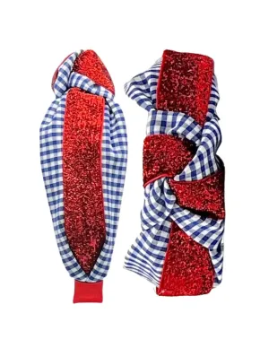 Blue Gingham with Red Sparkle Ribbon