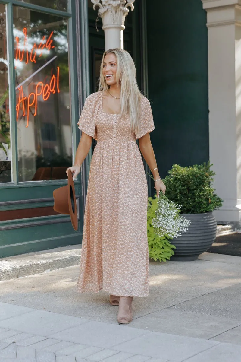 Boho Print Smocked Maxi Dress - Clay - FINAL SALE