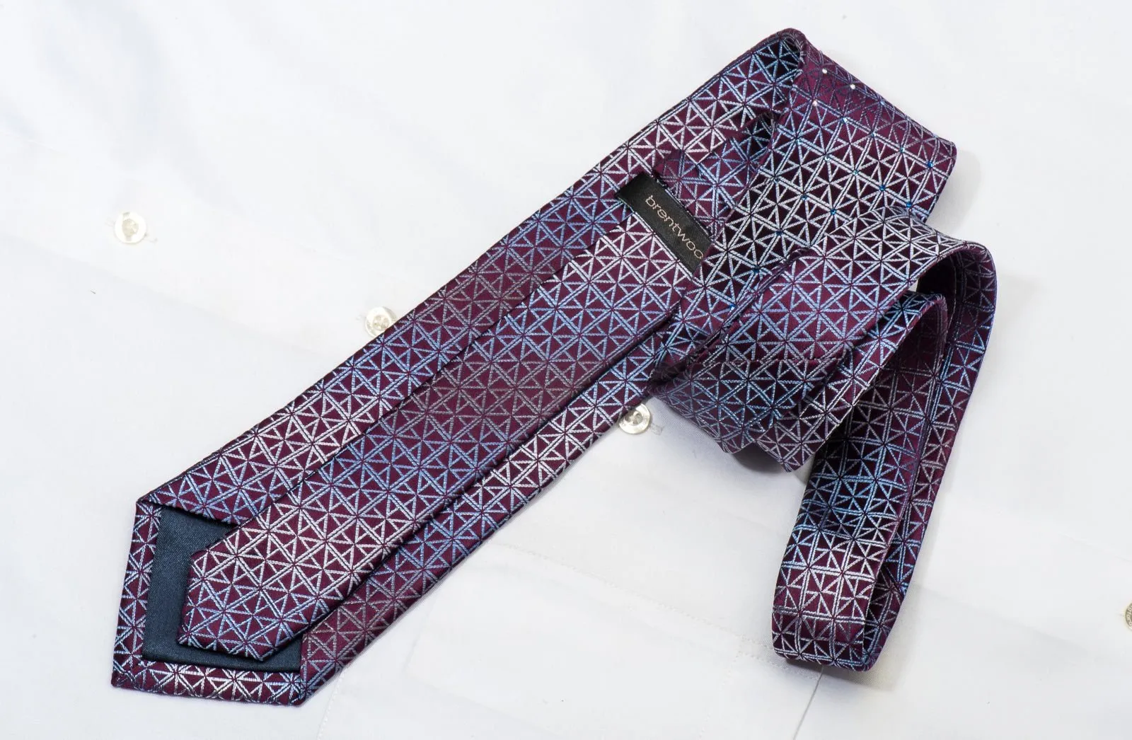 Brentwood Men's Silk Necktie Blue Trellis On Burgundy Sparkling With Rhinestones