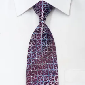 Brentwood Men's Silk Necktie Blue Trellis On Burgundy Sparkling With Rhinestones