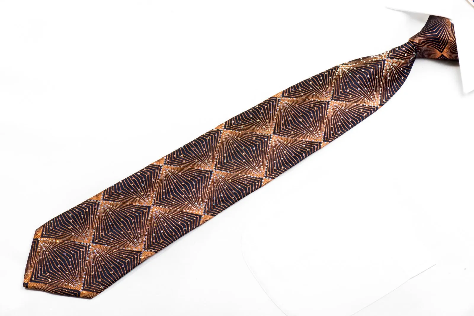 Bruno Baffi Rhinestone Silk Necktie Copper Geometric Trellis On Navy With Sparkles