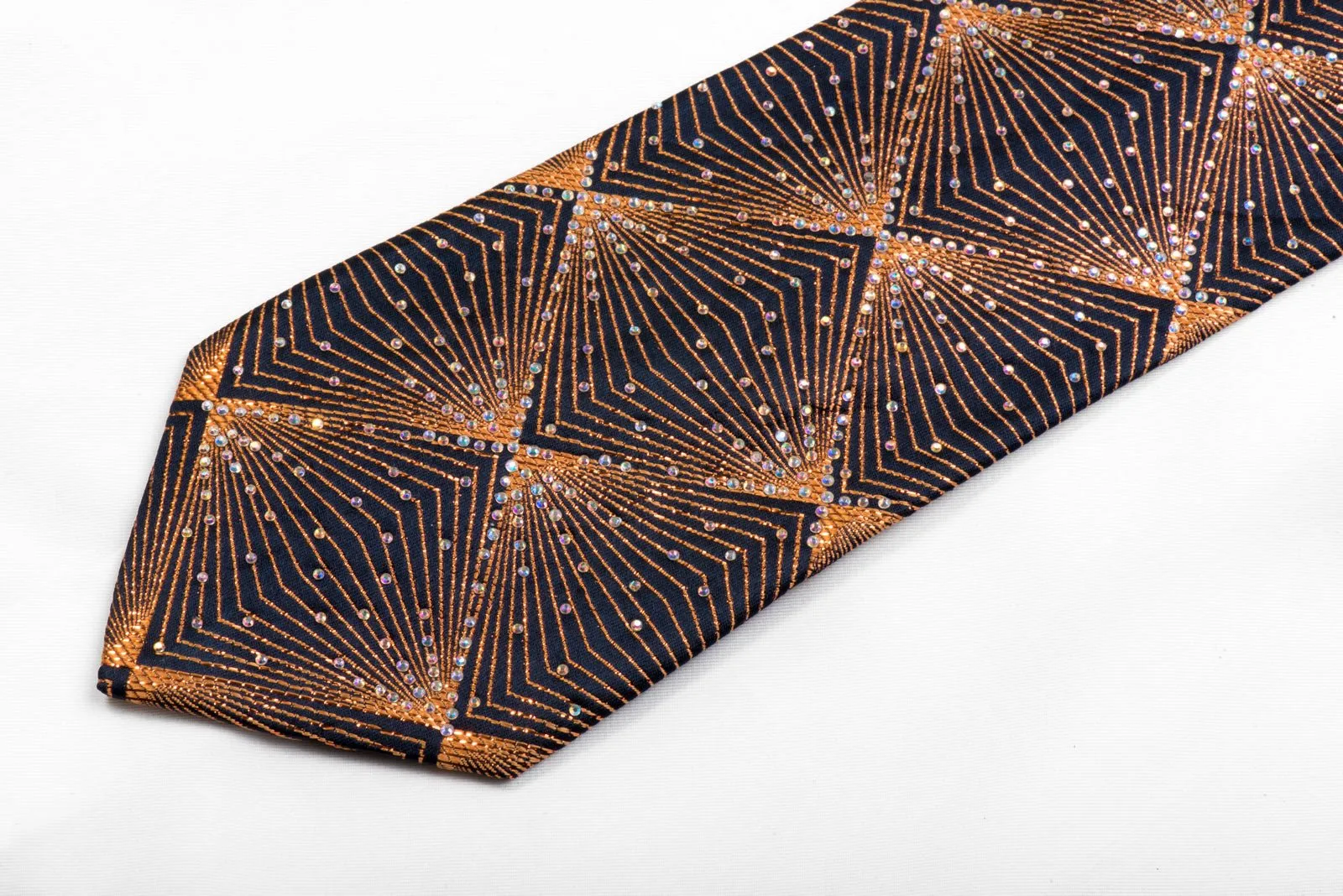 Bruno Baffi Rhinestone Silk Necktie Copper Geometric Trellis On Navy With Sparkles