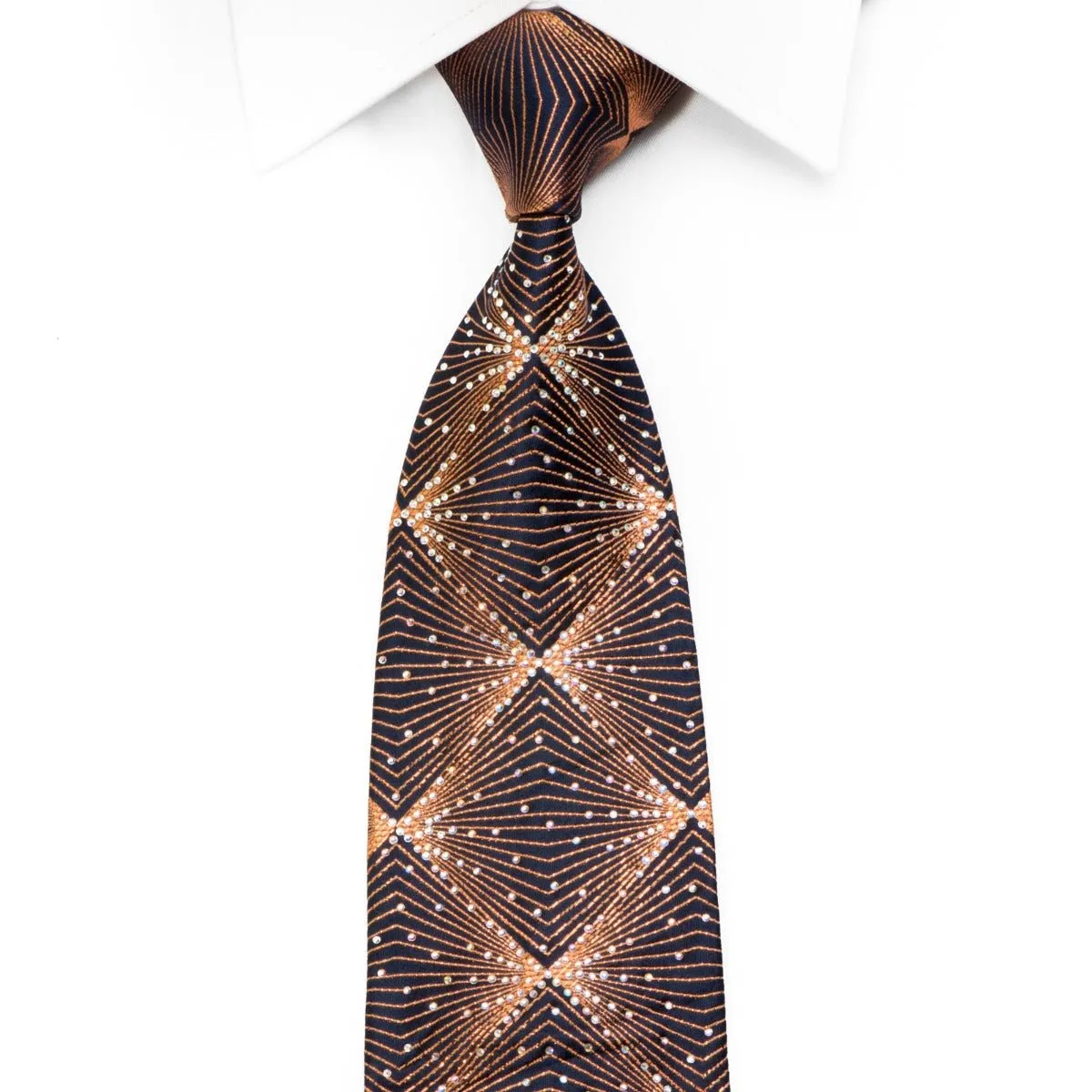 Bruno Baffi Rhinestone Silk Necktie Copper Geometric Trellis On Navy With Sparkles