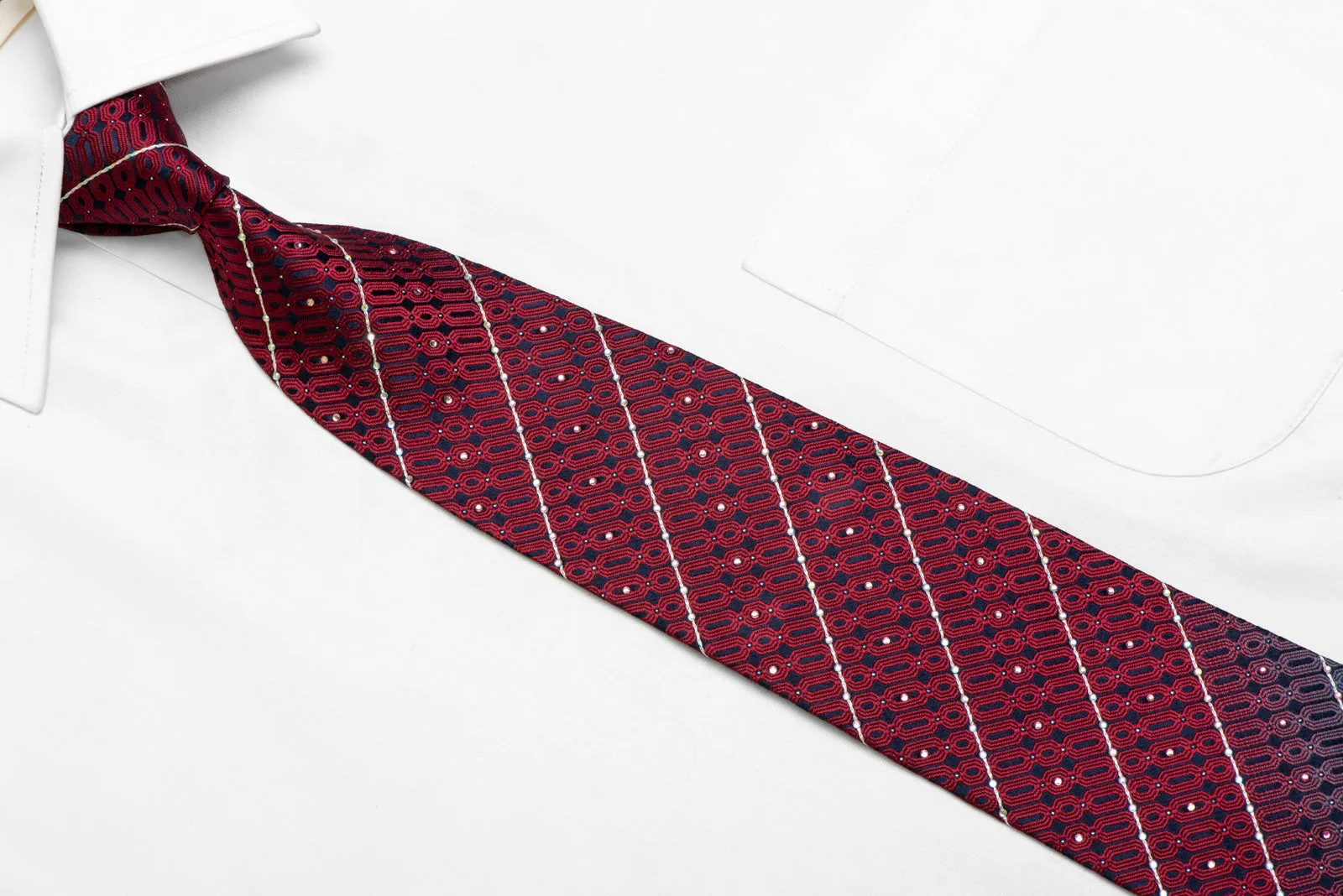 Burgundy Geometric Striped On Navy Rhinestone Silk Necktie With Silver Sparkles