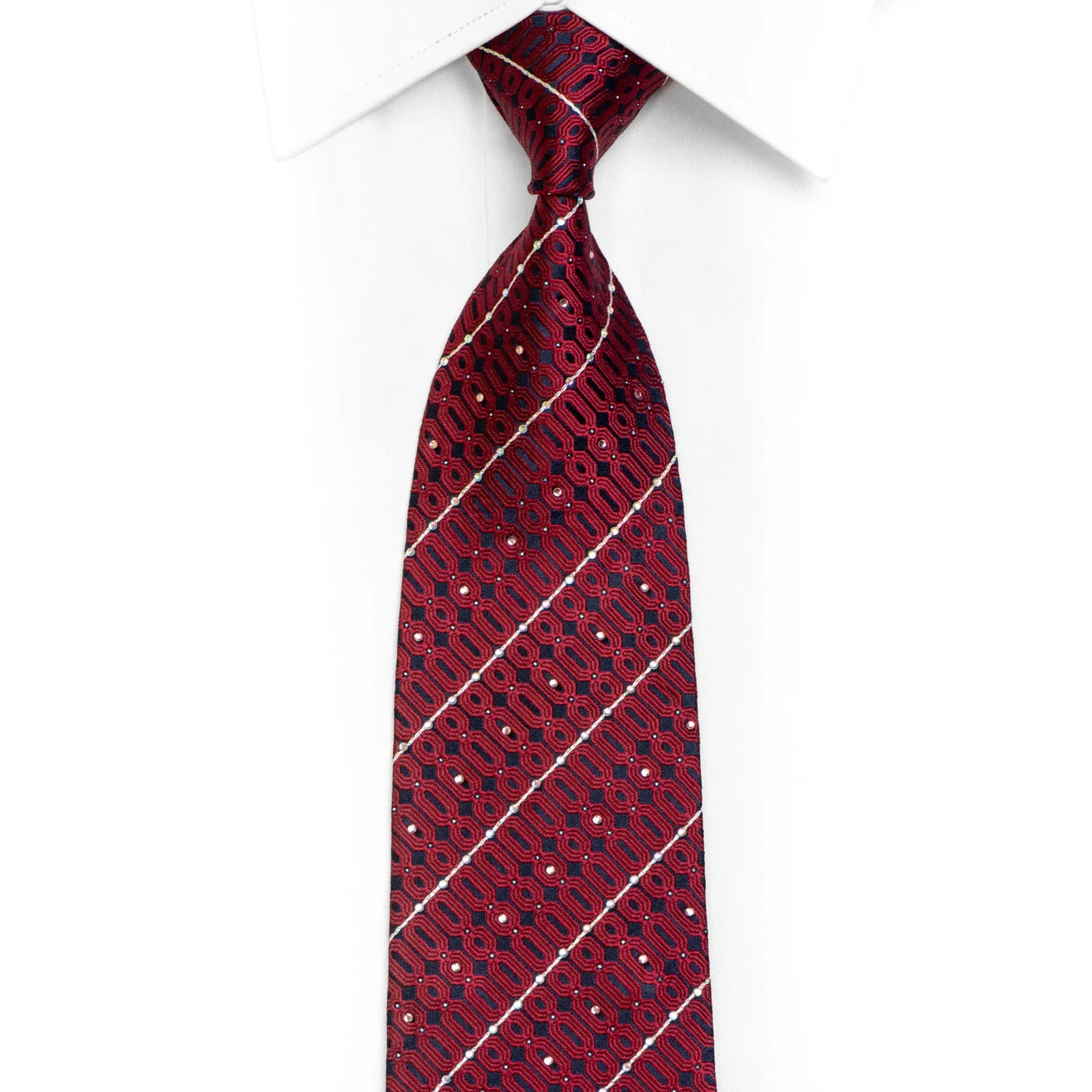 Burgundy Geometric Striped On Navy Rhinestone Silk Necktie With Silver Sparkles