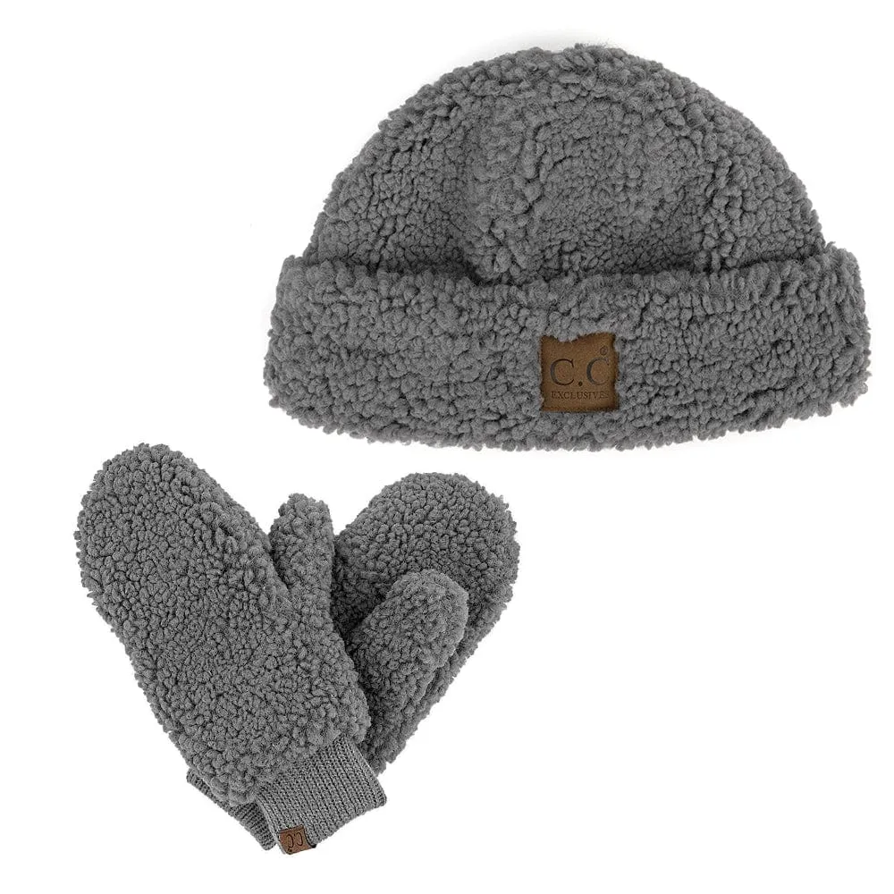 C.C Women Fuzzy Lined Sherpa Cuff Warm Winter Beanie & Mitten Set