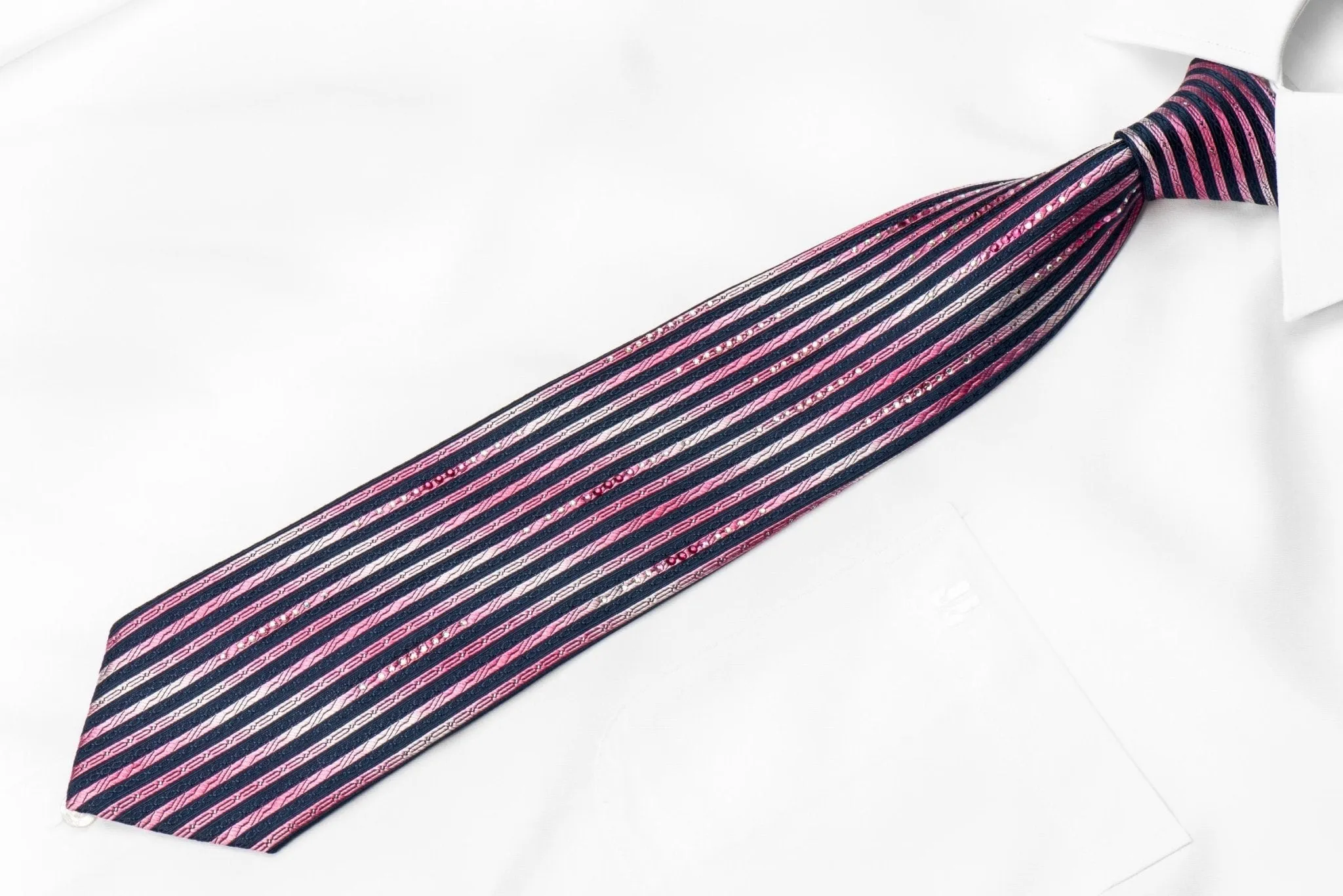 Charles Jourdan Men's Crystal silk Necktie Pink Blue Vertical Striped With Silver Sparkles