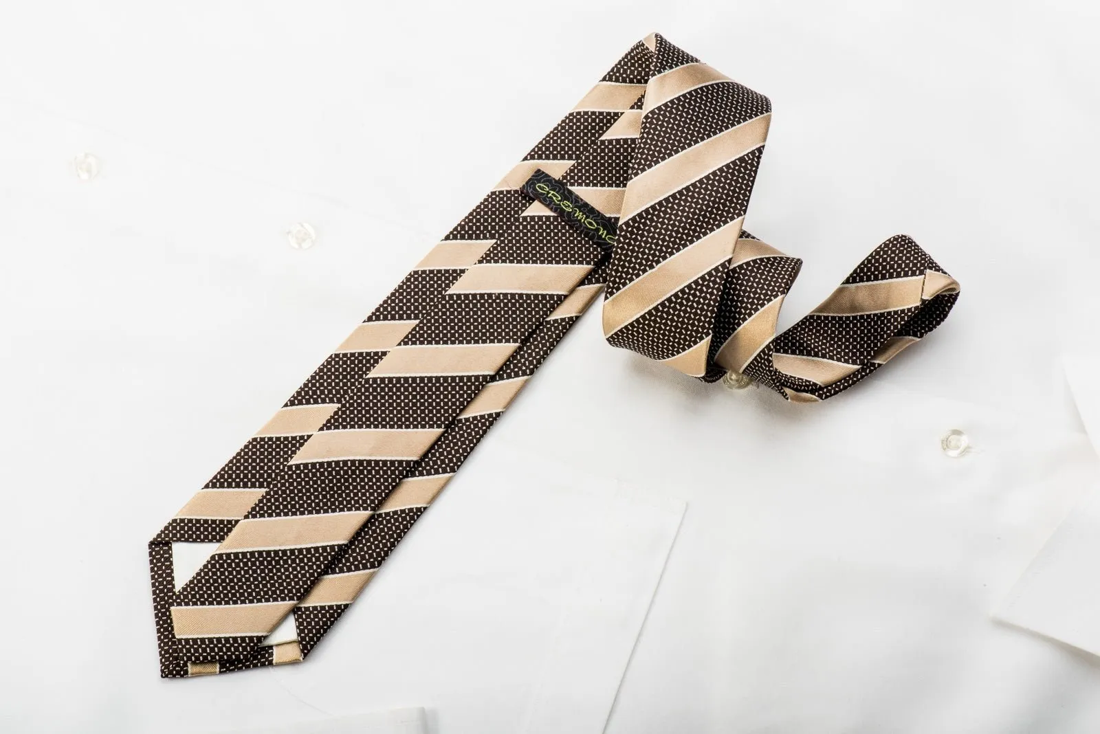 Cremona Men's Silk Skinny Necktie Gold Striped On Dark Brown