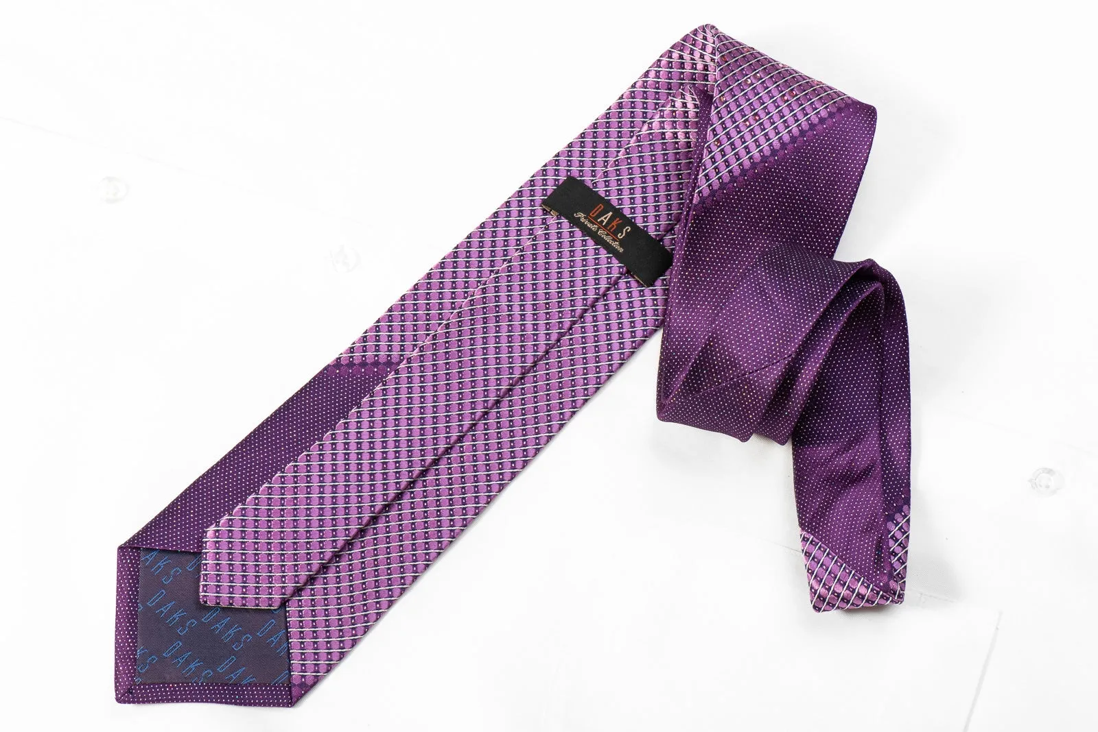 Daks Men's Crystal Necktie Geometric Dots On Purple Silk With Silver Sparkles