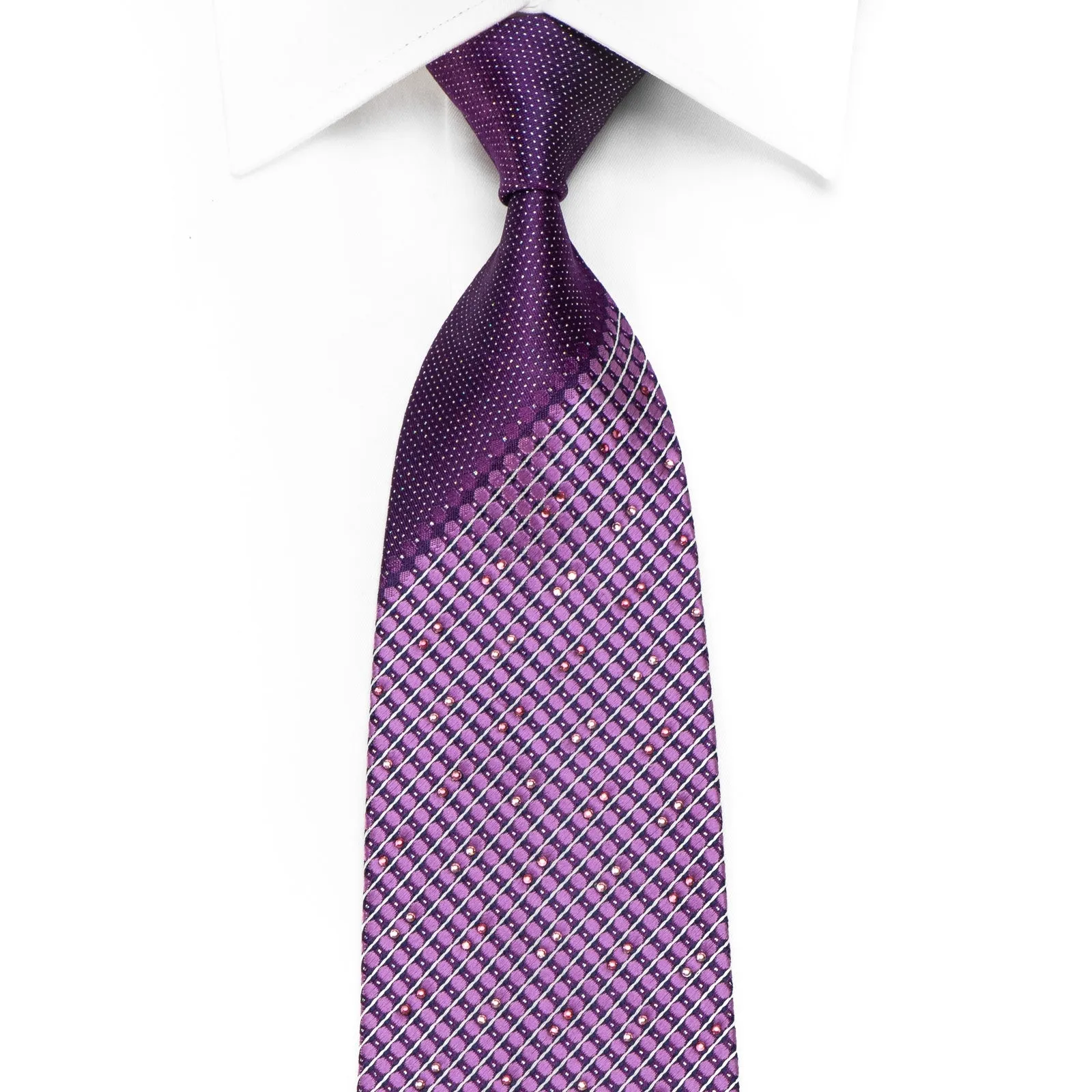 Daks Men's Crystal Necktie Geometric Dots On Purple Silk With Silver Sparkles