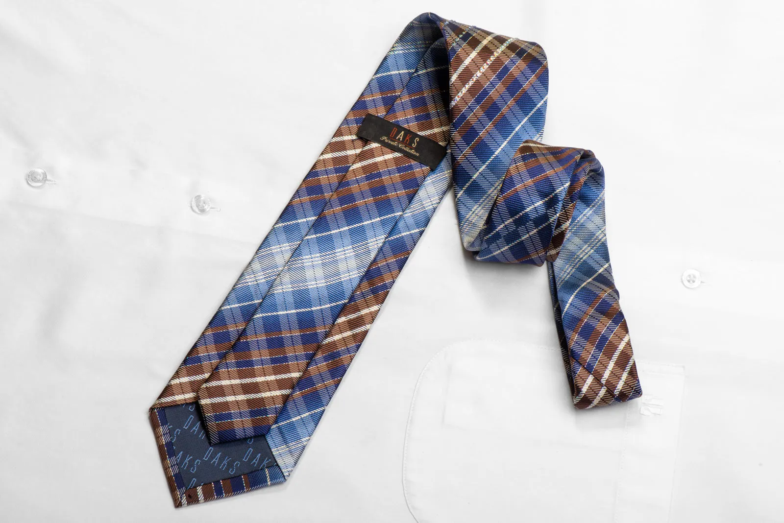 Daks Men's Crystal Rhinestone Silk Tie Brown Blue Plaid With Sparkles