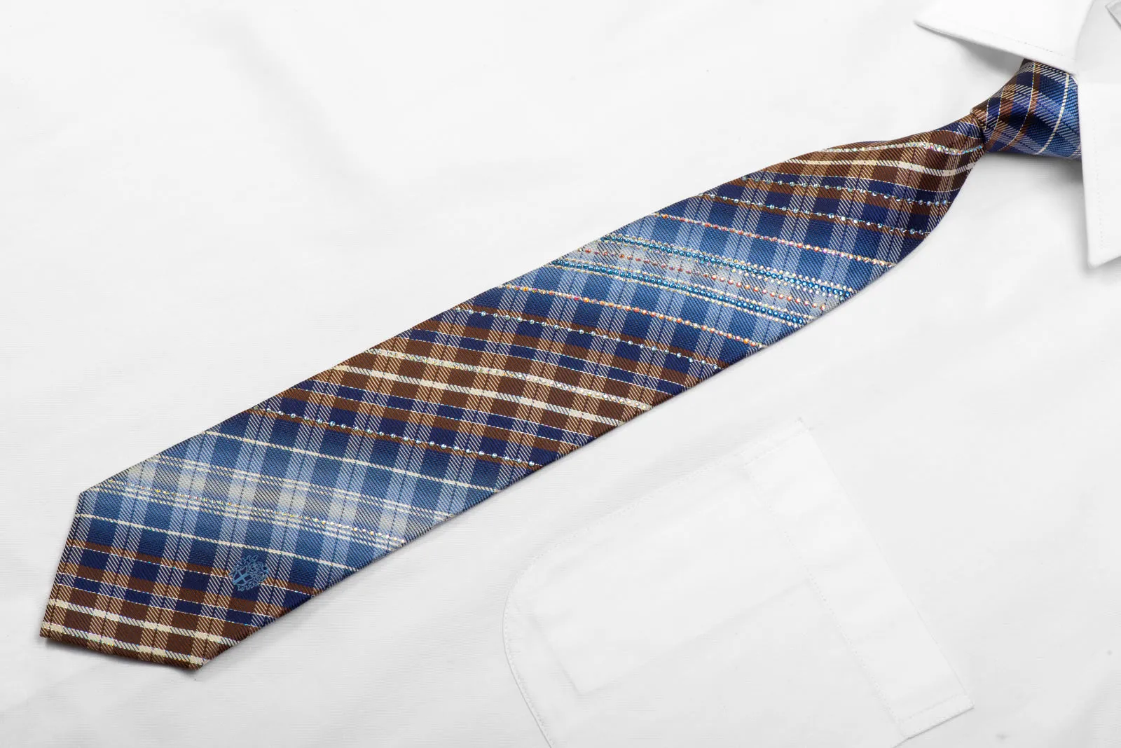 Daks Men's Crystal Rhinestone Silk Tie Brown Blue Plaid With Sparkles