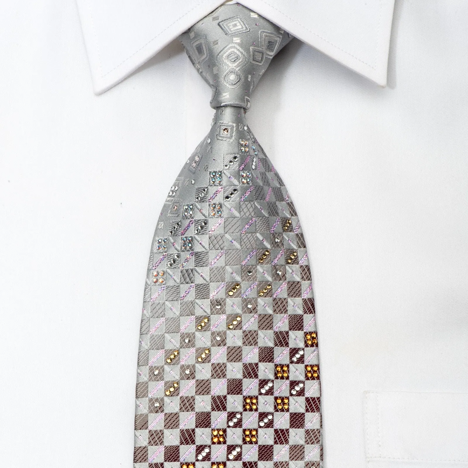 Daks Men's Silk Crystal Rhinestone Necktie Silver Checker With Sparkles