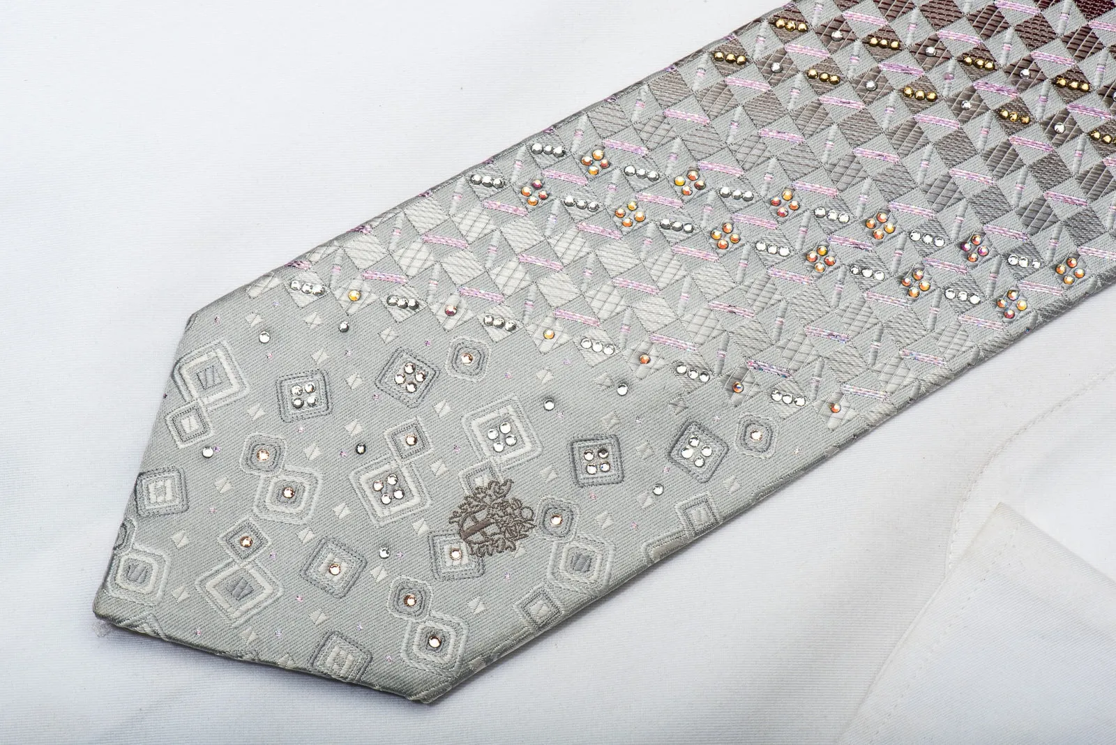 Daks Men's Silk Crystal Rhinestone Necktie Silver Checker With Sparkles