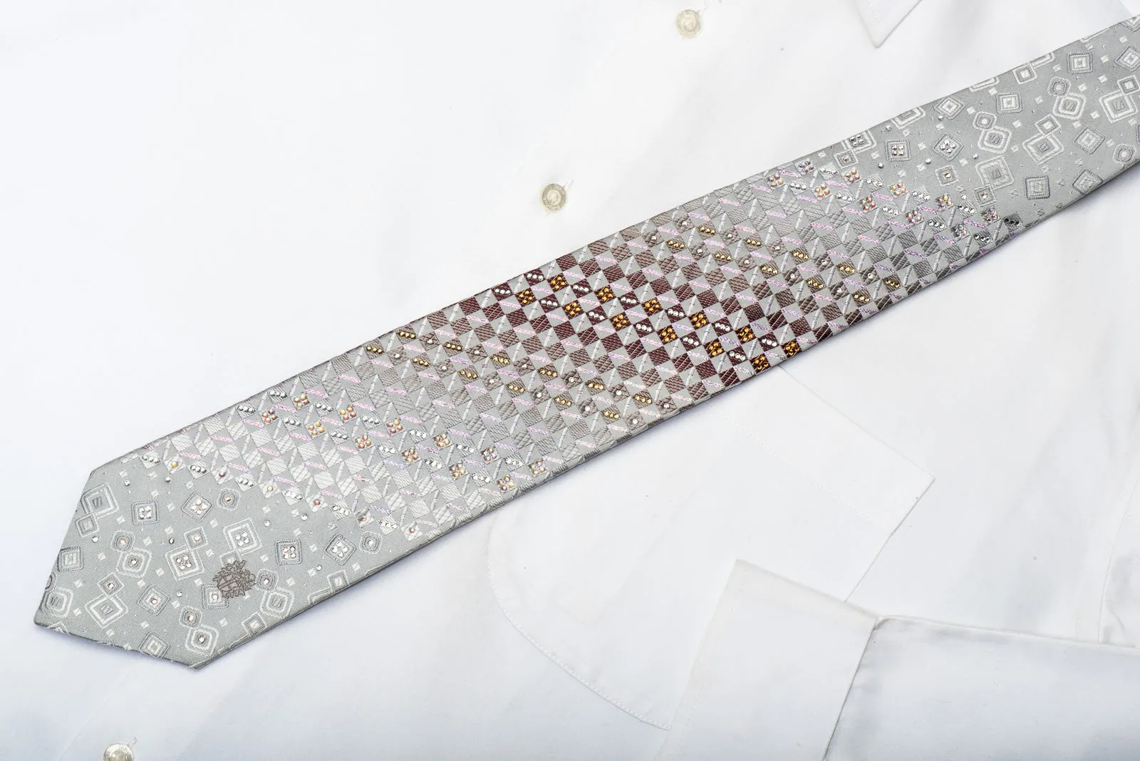 Daks Men's Silk Crystal Rhinestone Necktie Silver Checker With Sparkles