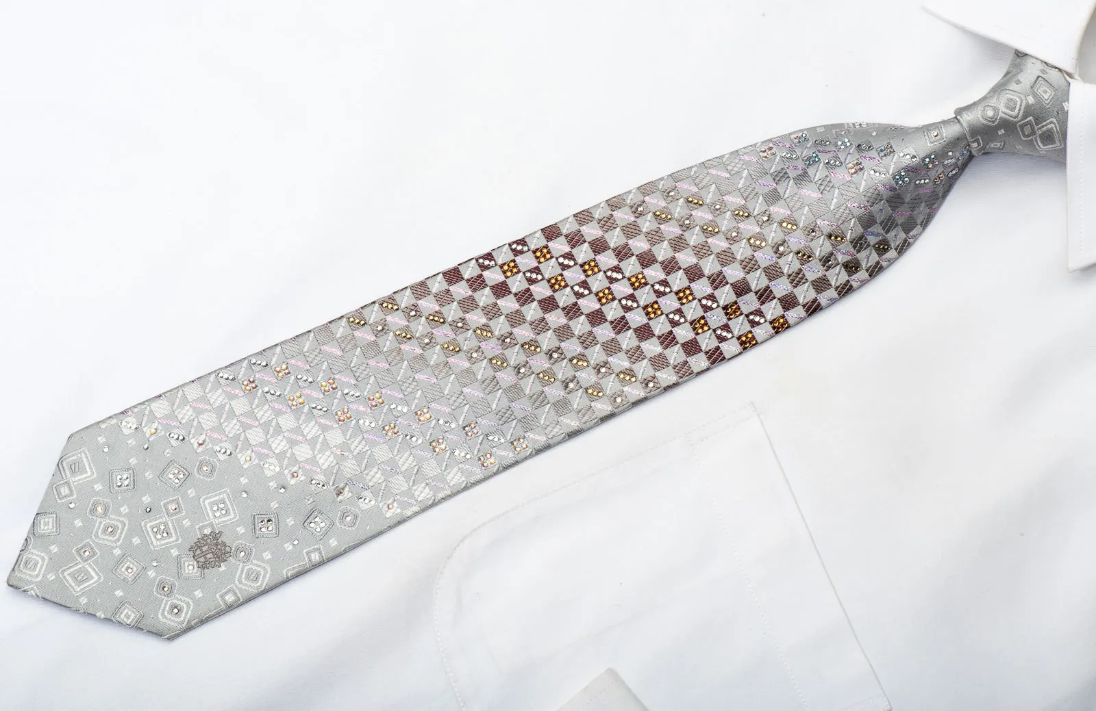 Daks Men's Silk Crystal Rhinestone Necktie Silver Checker With Sparkles