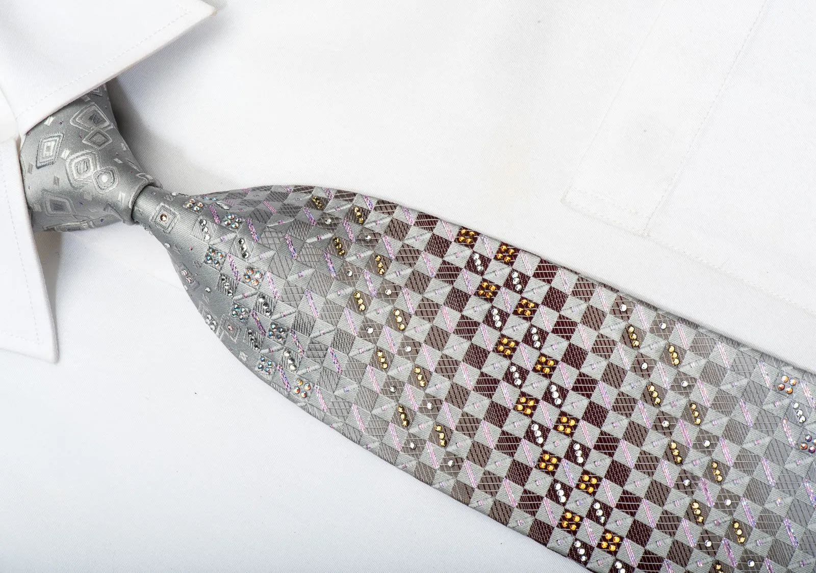 Daks Men's Silk Crystal Rhinestone Necktie Silver Checker With Sparkles