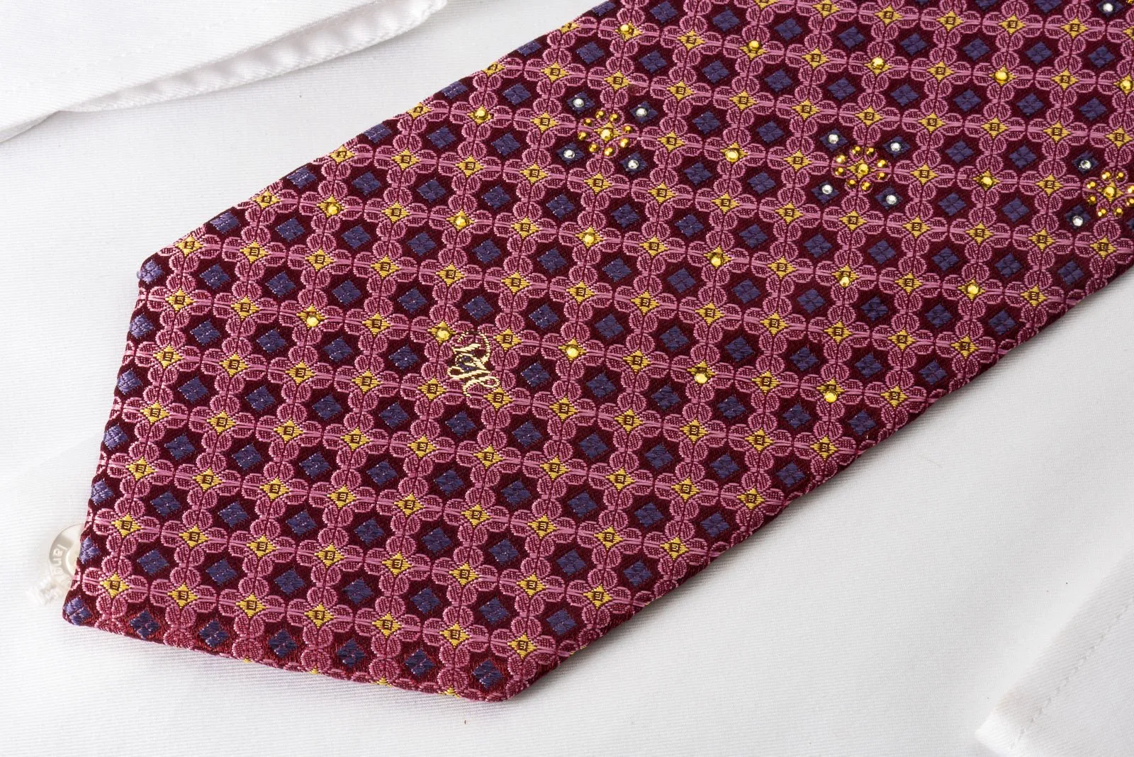 Daniel Hechter Rhinestone Silk Necktie Pink Quatrefoil On Burgundy With Golden Sparkles