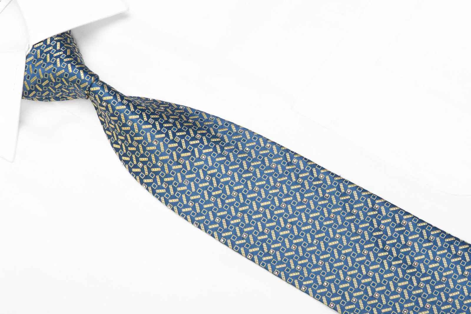 Daniel Hechter Rhinestone Silk Tie Gold Geometric On Blue With Sparkles