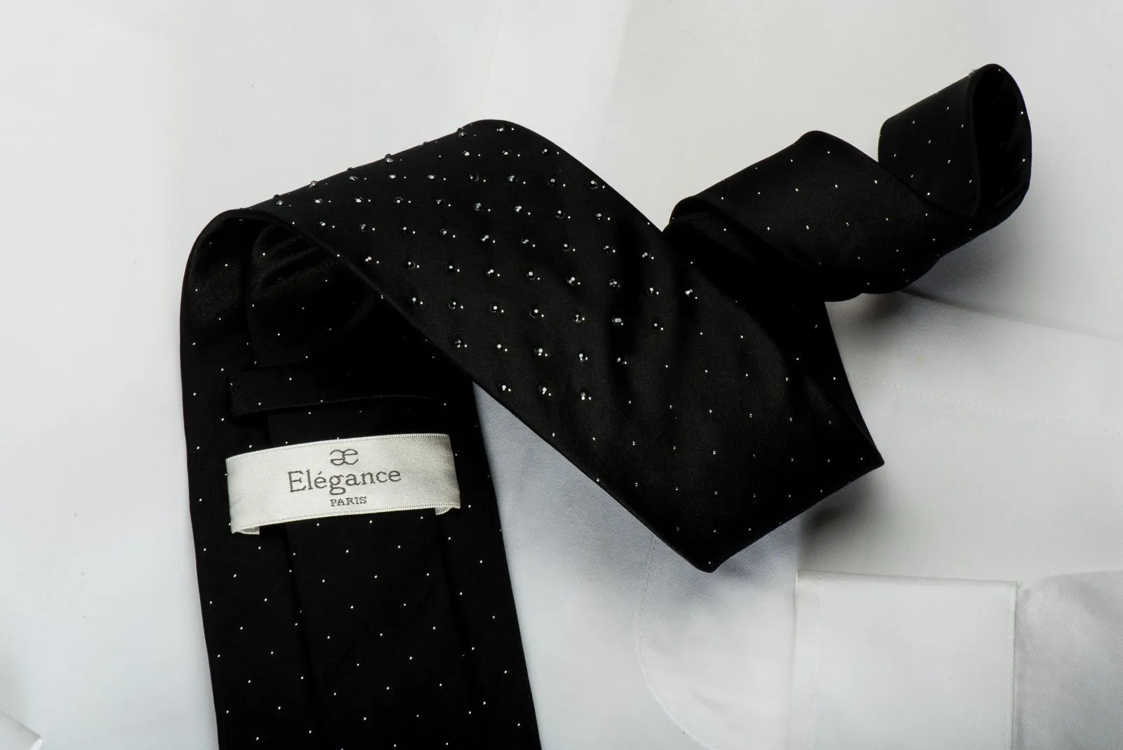 Elegance Black Necktie Black Rhinestones On Solid Black With Silver Sparkles