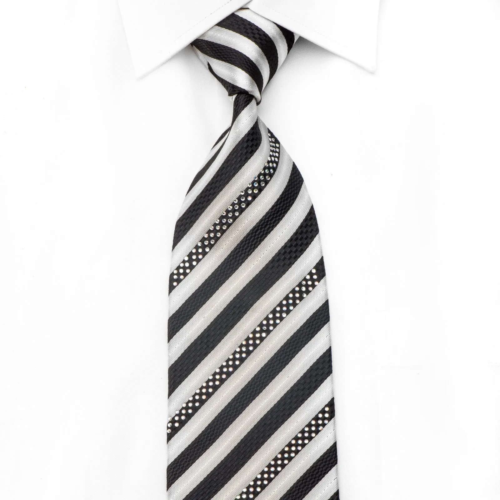 Elegance Men's Crystal Rhinestone Necktie Silver Black Striped With Sparkles