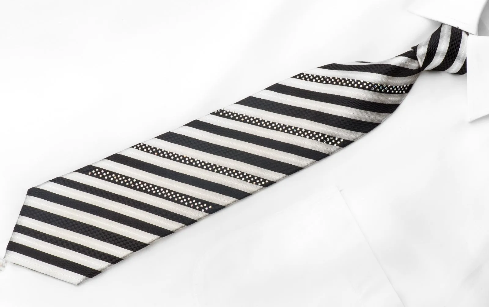 Elegance Men's Crystal Rhinestone Necktie Silver Black Striped With Sparkles