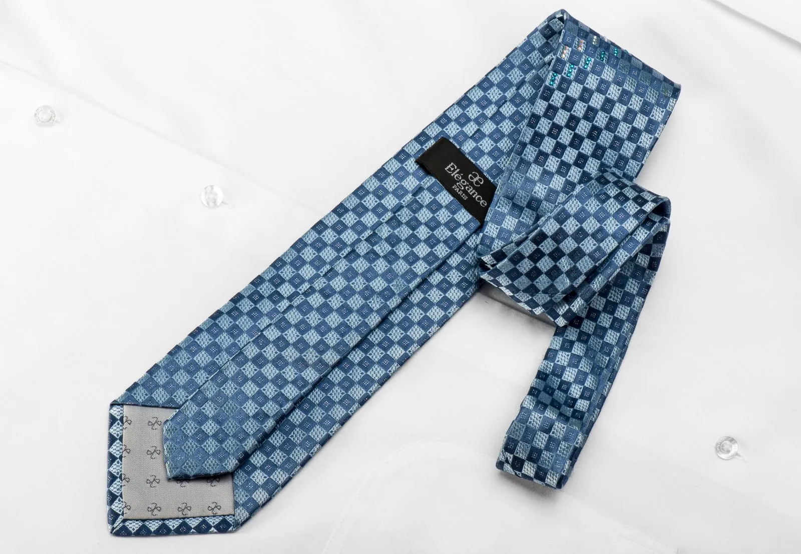 Elegance Men's Crystal Silk Necktie Blue Checkered With Silver Sparkles