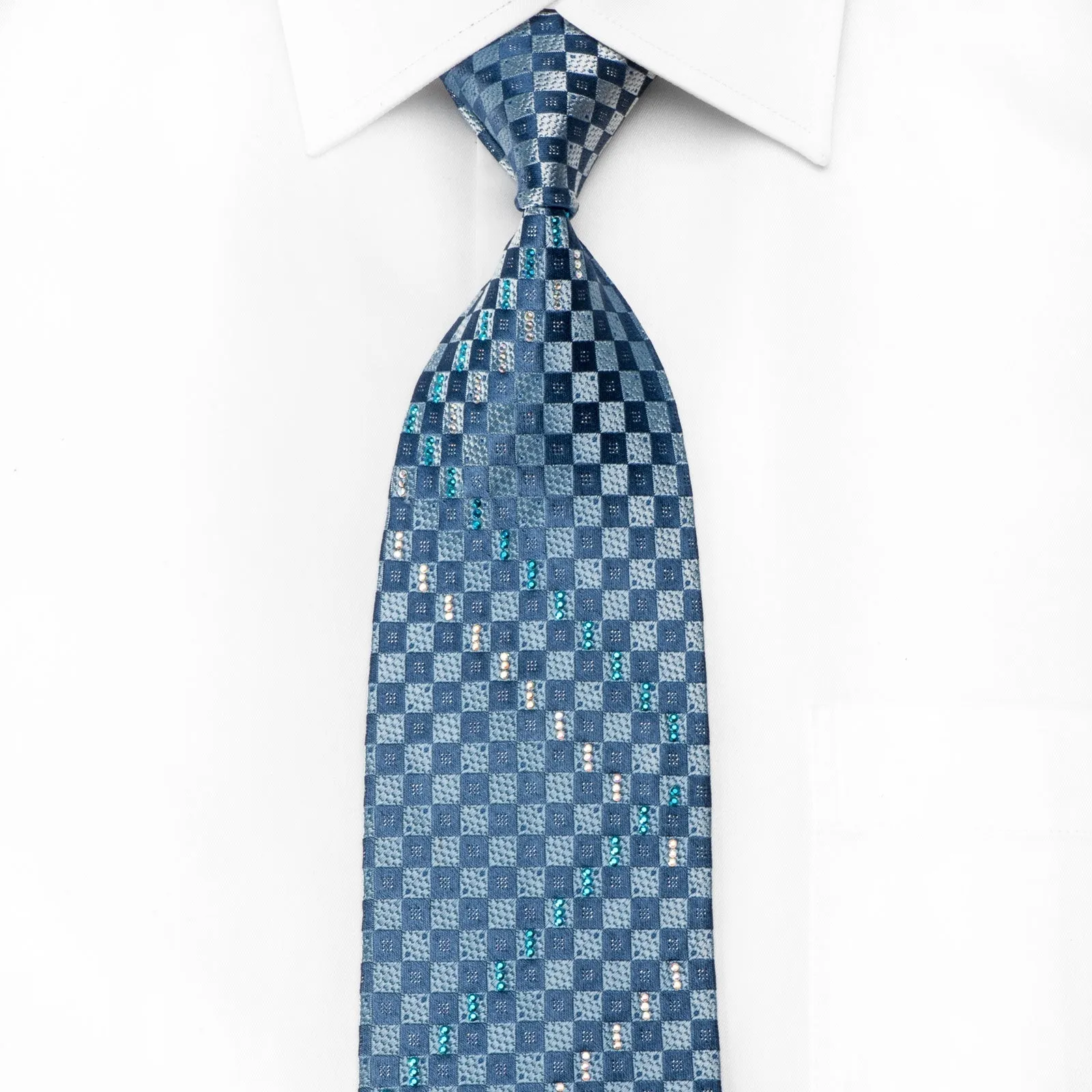 Elegance Men's Crystal Silk Necktie Blue Checkered With Silver Sparkles