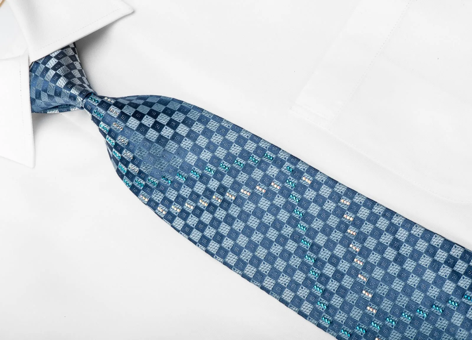 Elegance Men's Crystal Silk Necktie Blue Checkered With Silver Sparkles