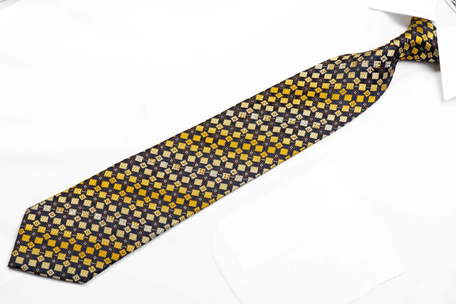 Elegance Rhinestone Silk Tie Yellow Geometric On Navy With Sparkles