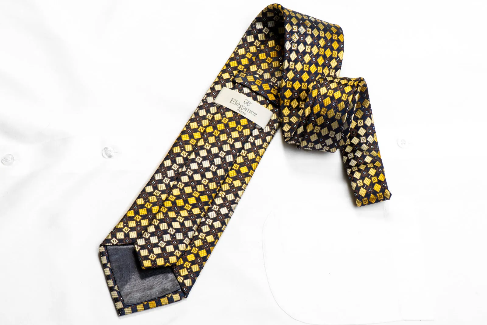 Elegance Rhinestone Silk Tie Yellow Geometric On Navy With Sparkles