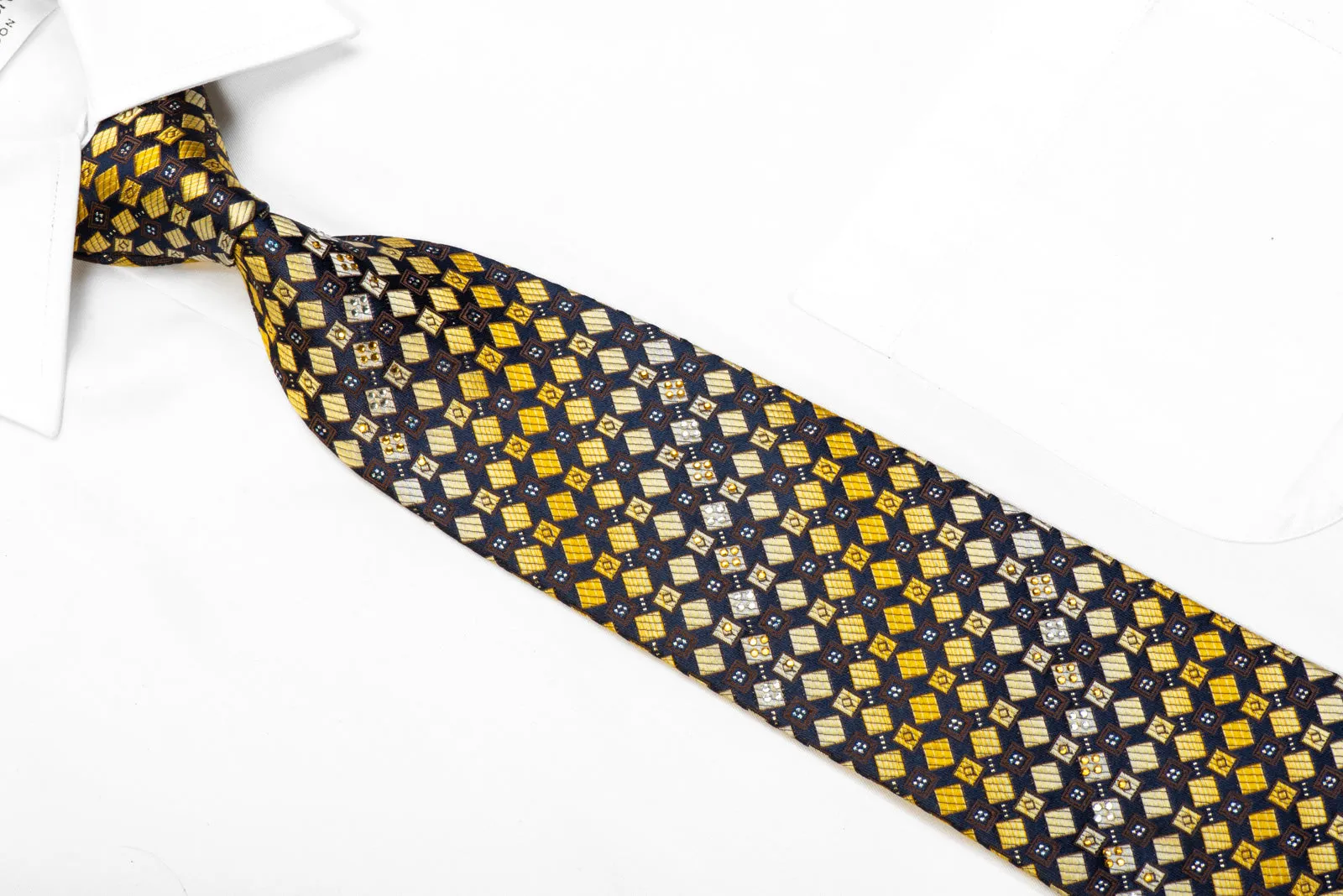 Elegance Rhinestone Silk Tie Yellow Geometric On Navy With Sparkles