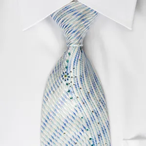 Elegance Silk Necktie Blue Waves On White Sparkling With Crystal Rhinestones